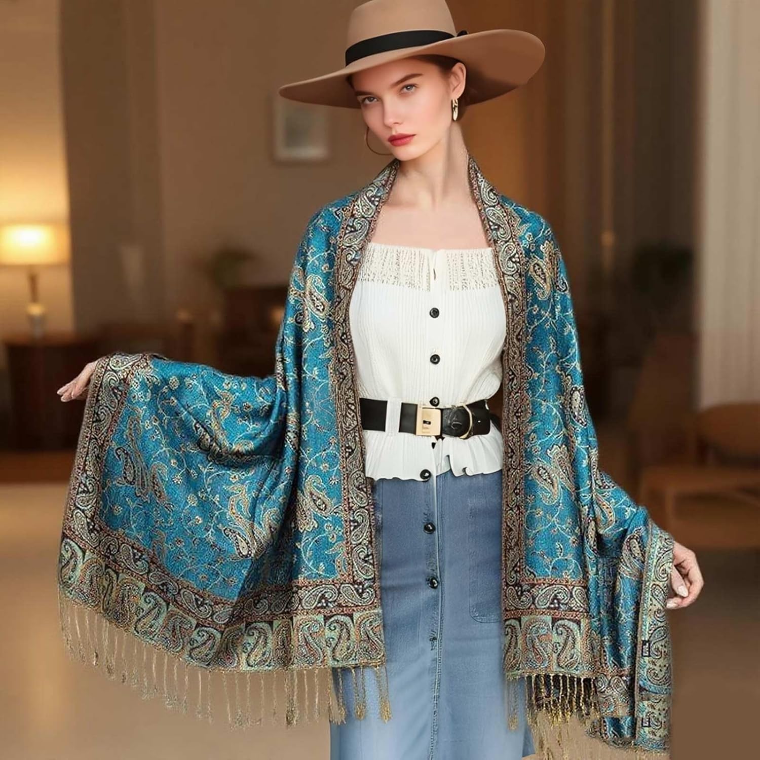 Paisley Pashmina Rave Scarf,Indian Shawl Wraps for Women Exotic Shawls Scarves for Evening Dresses - Image 4