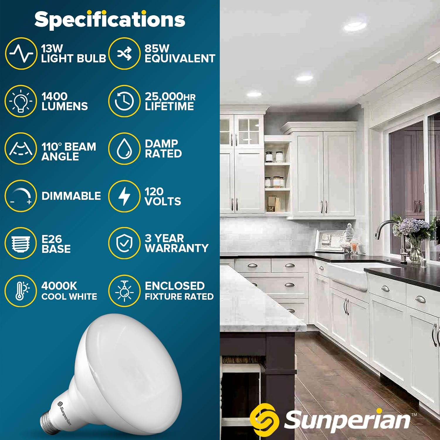 SUNPERIAN BR40 LED Light Bulbs, 13W=85W, 4000K Cool White, 1400 Lumens, Dimmable Flood Light Bulbs for Recessed Cans, Enclosed Fixture Rated, Damp Rated, UL Listed, E26 Standard Base (4 Pack)