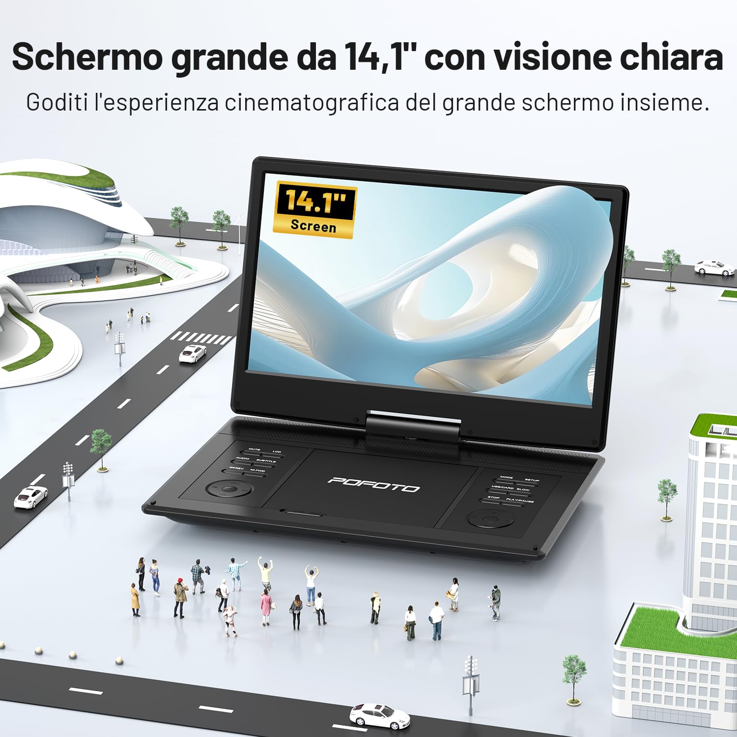 POFOTO Lettore DVD Portatile 15,7'' Schermo HD Ruotabile 14,1'' Batteria 6 Ore Supporto Multiformato Dischi SD USB Regione Libera