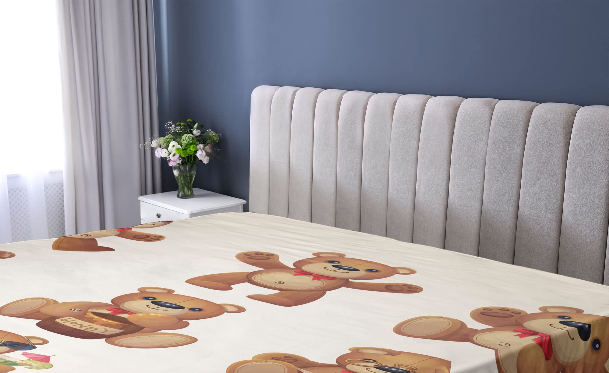 Ambesonne Cartoon Fitted Sheet, Happy Teddy Bears with Funny Different Faces Nostalgic Design, Soft Decorative Fabric Bedding All-Round Elastic Pocket, Full Size, Chocolate Cream