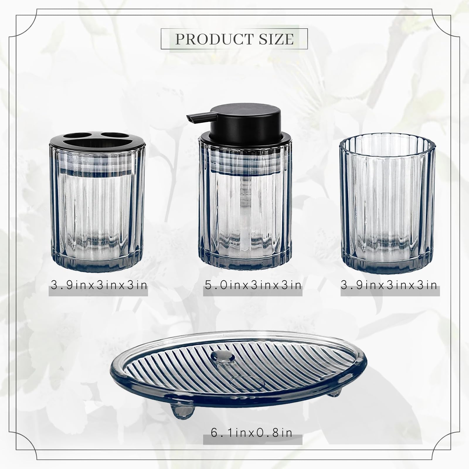 CERBIOR Juego de accesorios de baño, 4 piezas de accesorios de vidrio, incluye dispensador de jabón, soporte para cepillo de dientes, taza para cepillo de dientes, jabonera para encimera decorativa y