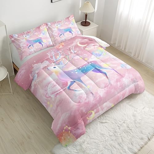 Miniatura 2 de CVHOUSE Ecbttab047 - Juego de edredón rosa para niña, tamaño matrimonial, juego de ropa de cama con espacio de nube rosa para niños, ciervo y