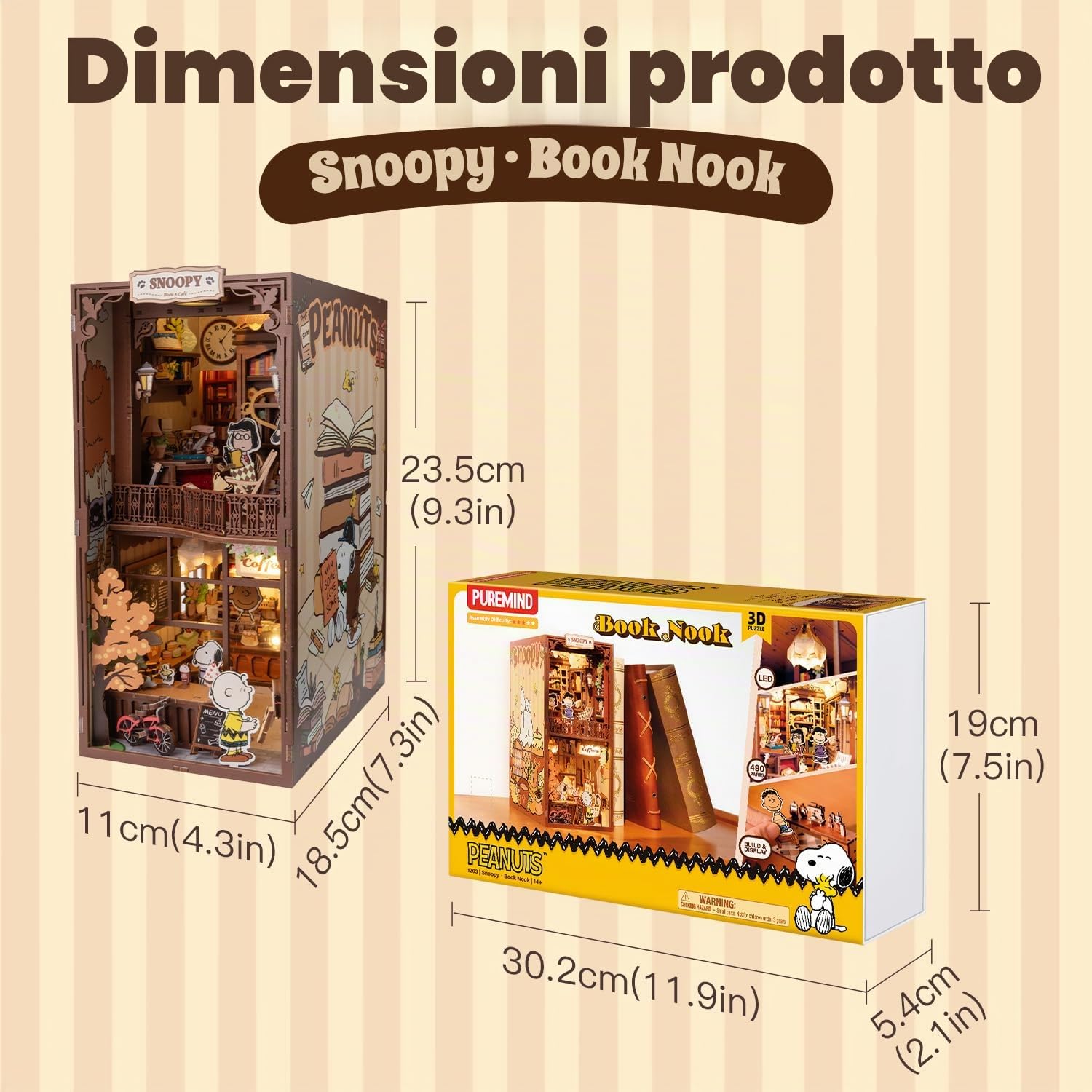 puremind Snoopy PEANUTS Book Nook, Puzzle 3D legno, mini caffè luminoso DIY