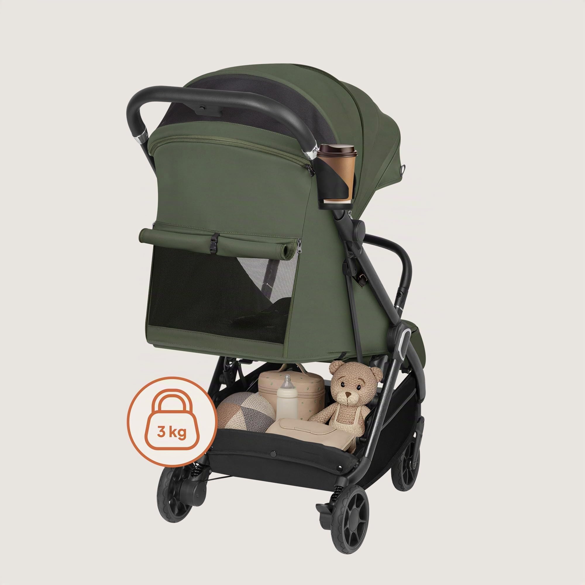 LIONELO Poussette Bébé Bess jusqu'à 22 kg de 6 mois à 4 ans Roues Pivotantes en PU 360 ° Pliage avec Une Main, Dossier Réglable, Canopy Imperméable Poids Léger 7,5 kg, Panier à Courses (Green)