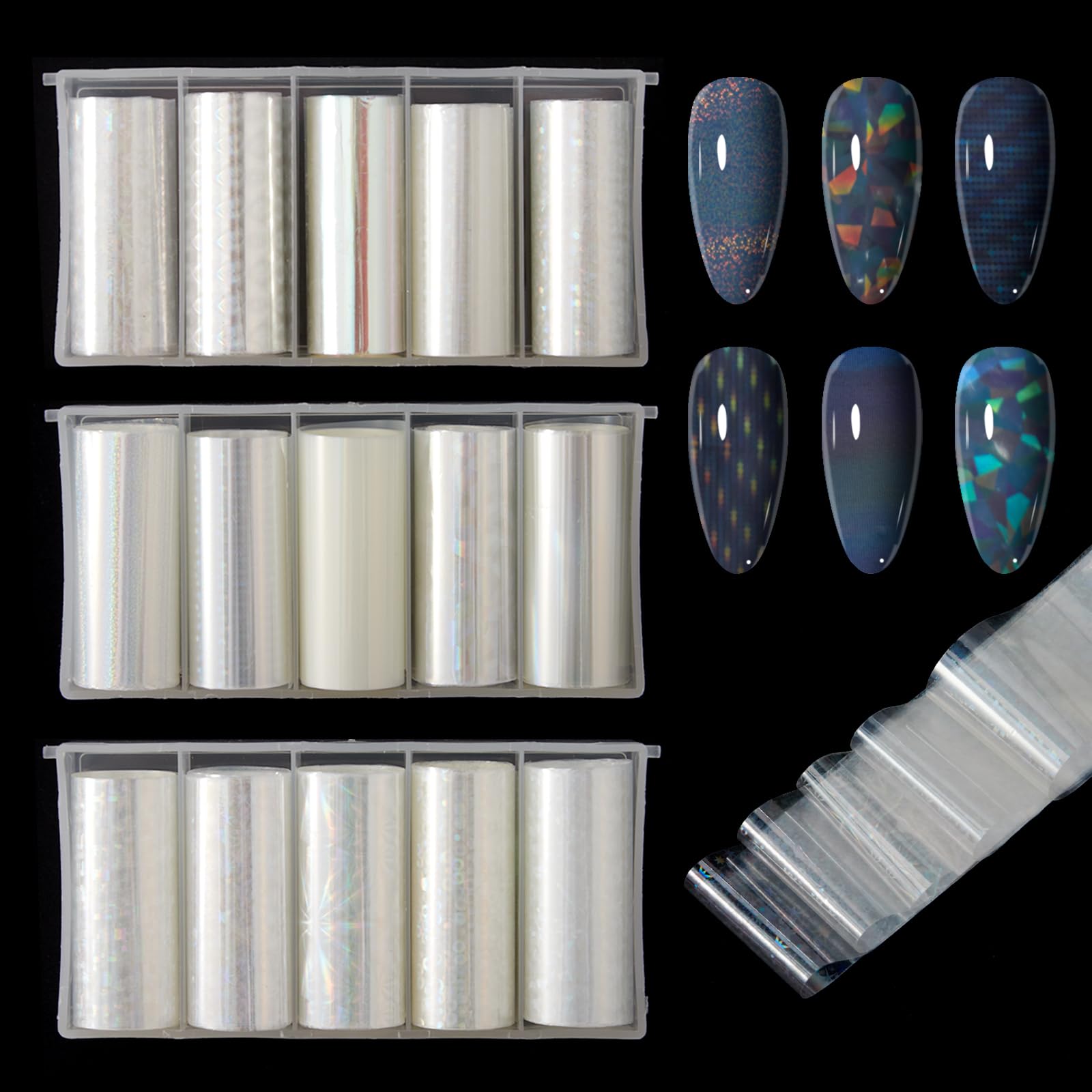 XEAOHESY 15 Rolls Aurora Transparent Nail Foil Transfer Stickers Laser Glass Fragments Nail Foils Holographic Stickers
