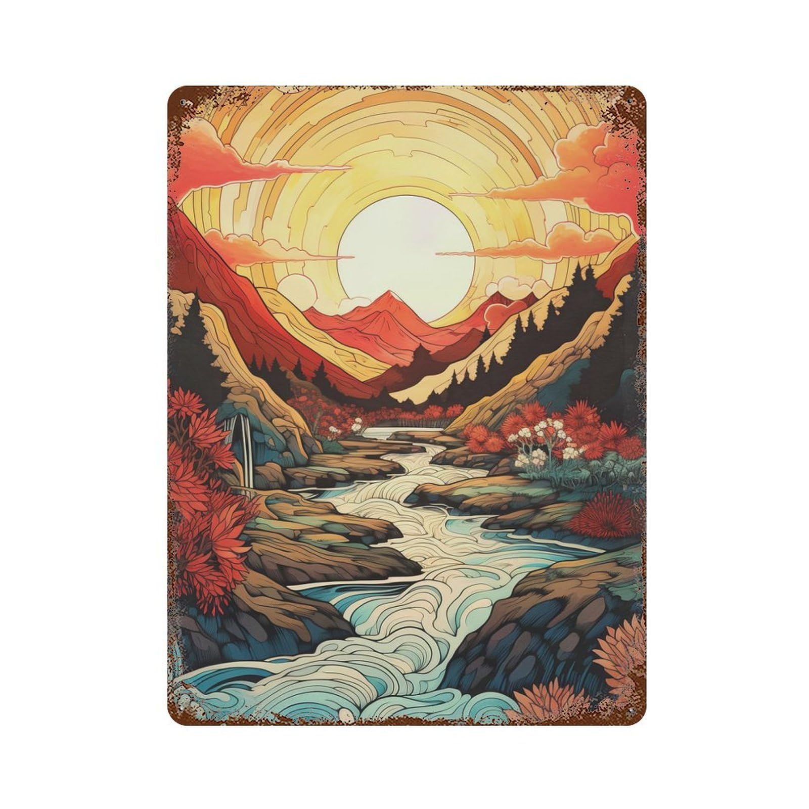 Mountain River at Sunset Illustration Rustic Tin Plaque 15.7"x11.8", for Shed, Workshop And Garage Wall Decor, Shabby Chic Decor