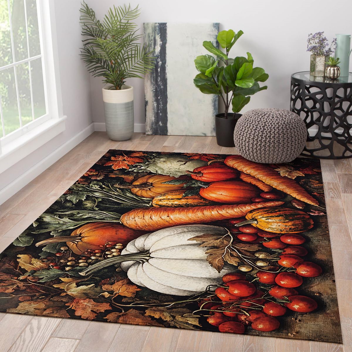 Jesienny dywan na festiwal, marchew, dynie, pomidory, antypoślizgowy, z niskim runem, do salonu, kuchni, jadalni, wewnątrz i na zewnątrz, 120 x 200 cm