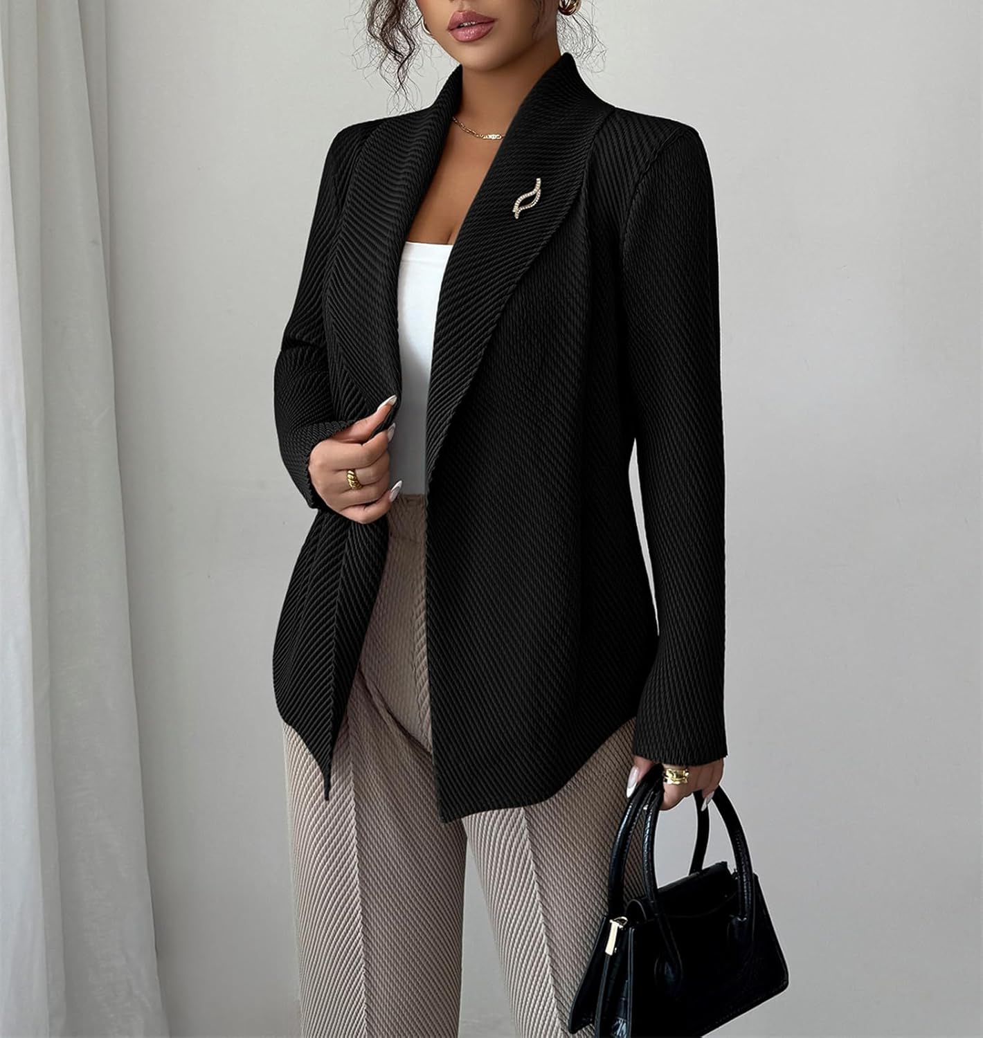 Womens Loose Fall Outwear Ribbed Blazer Jacket Blazers Notched Lapel Jacket - Image 4