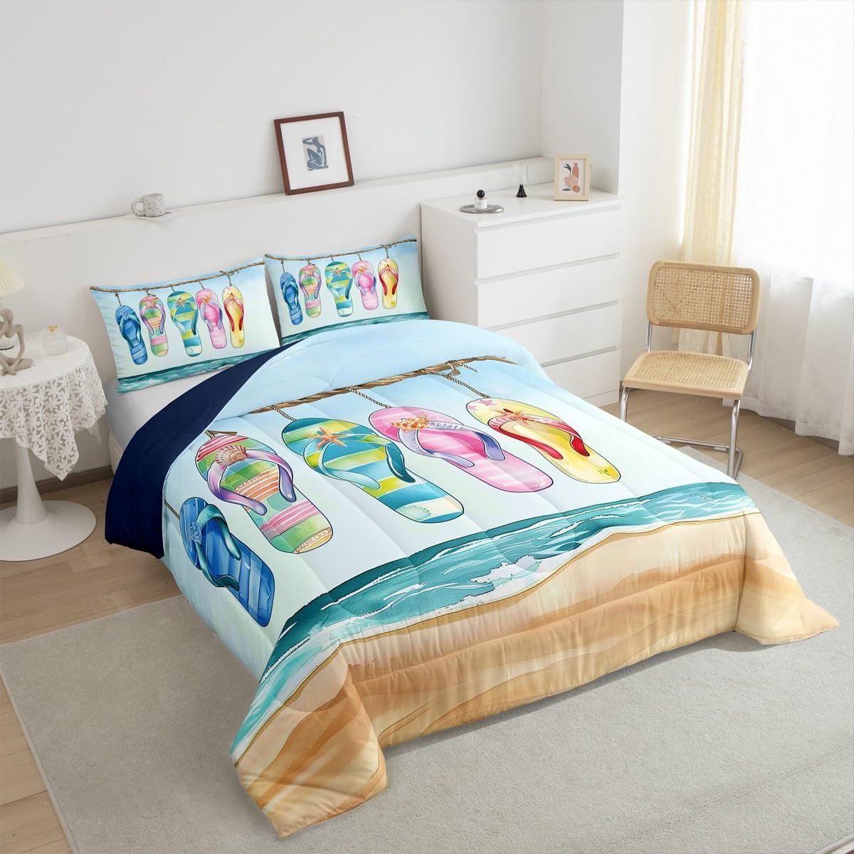 Manfei Flip Flops Comforter Set Queen Size,Summer Seaside Hawaii Beach Life Bedding Set 3 Pcs for Teens Adults,Watercolor Ocean Waves Shell Conch Down Comforter,2 Pillowcases