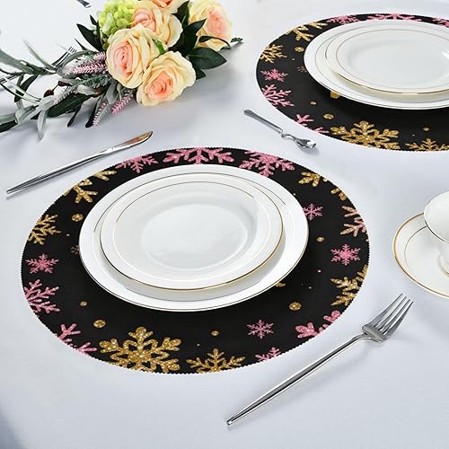 Miniatura 6 de Hello Winter Gold Pink Black Snowflake Decorative Round placemats Reusable Place mats Set of 4 15x15 in individuales para mesa de comedor Redondo