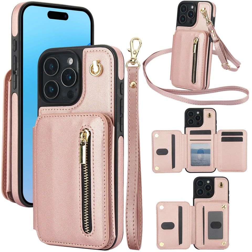 Étui portefeuille iPhone 13 Pro or rose avec clapet magnétique en cuir