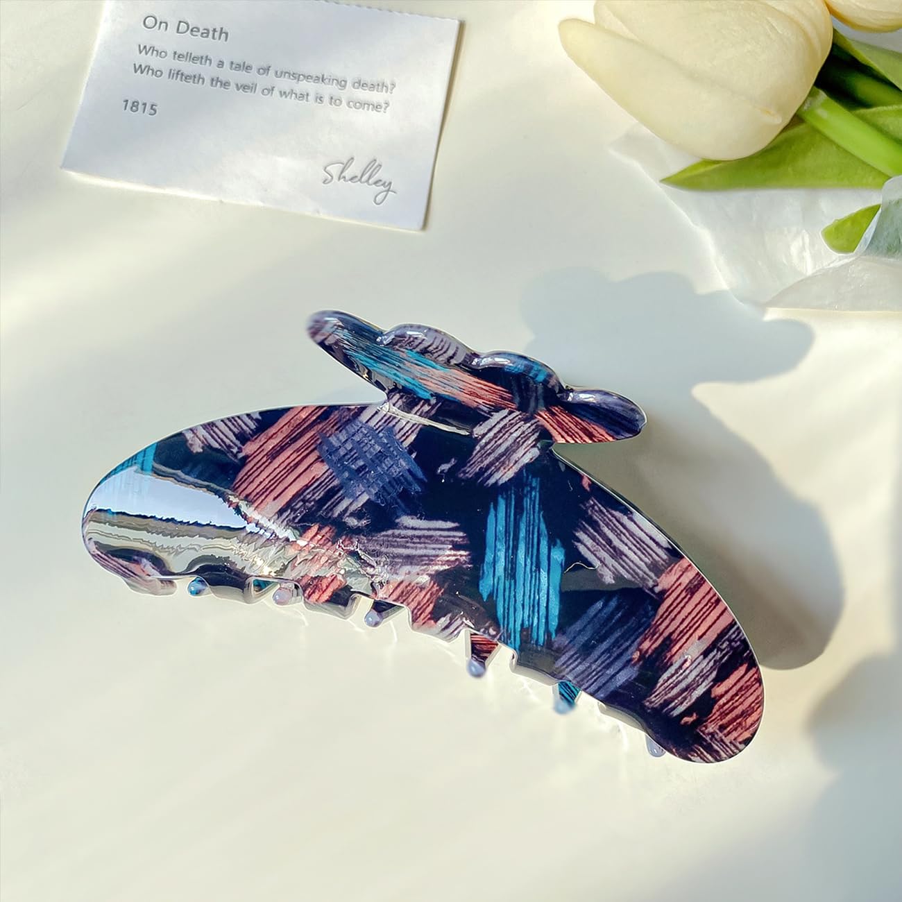 4.3" Painting Brush Pattern Print Large Vintage Hair Claw Clip Non-Slip Shell French Style Hair Accessories for Women Girls Thick Hair, Stripe Blue