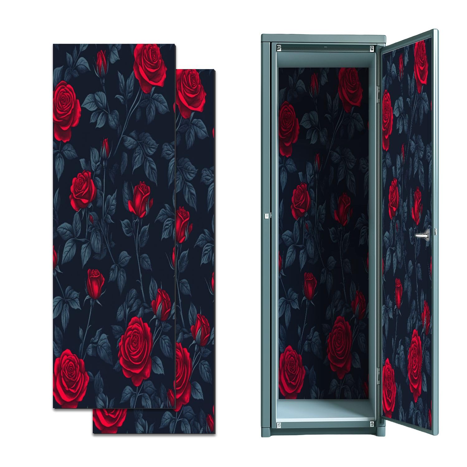 2 Pcs Locker Magnetic Wallpaper Red Roses Floral Dark Blue 12" x 36" Wall Magnetic Sticker Removable Locker Accessories Decor Easy Install for Office School