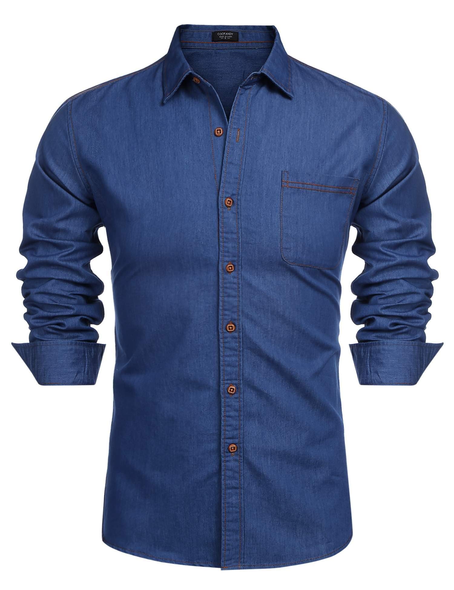 COOFANDY Mens Denim Shirts Slim Fit Casual Button Down Shirt Long Sleeve Stretch Cotton Top