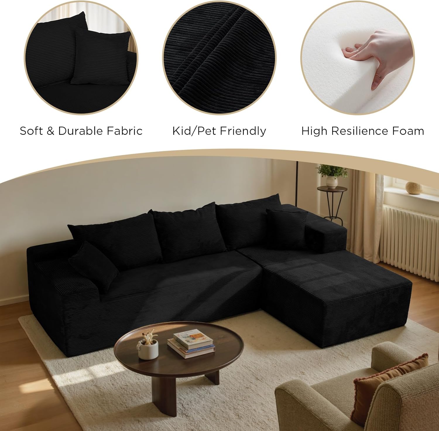 Black 103“ Cloud Couch Sectional Sofa in Box with L-Shape Chaise,Modern Modular Couches Upholstered with Deep Seat for Living Room,No Assembly Required