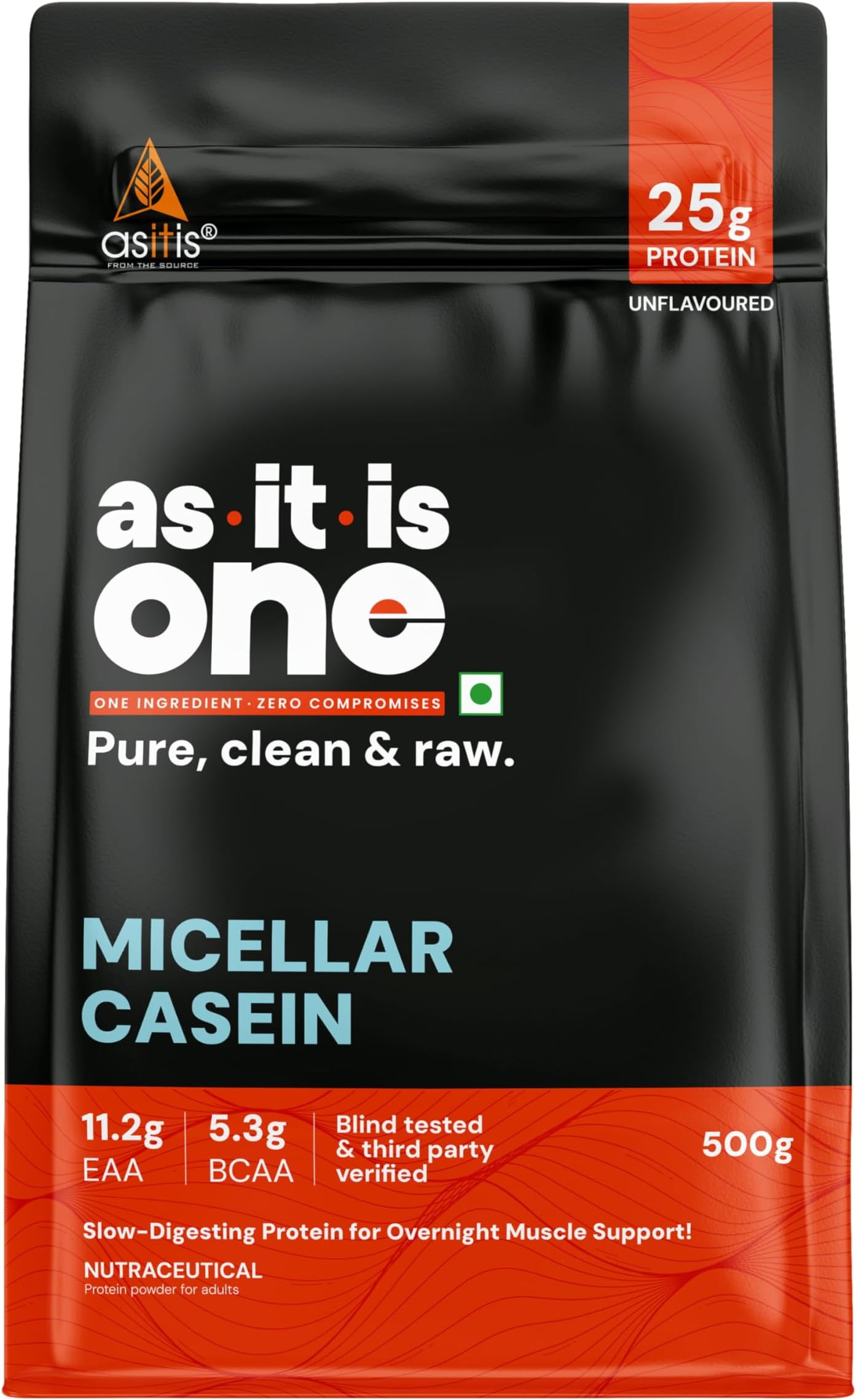 AS-IT-IS One Micellar Casein - Slow Releasing Protein, Unflavoured & Unsweetened 500gms, Supports Muscle Repair & Growth, Ideal for Nighttime Recovery