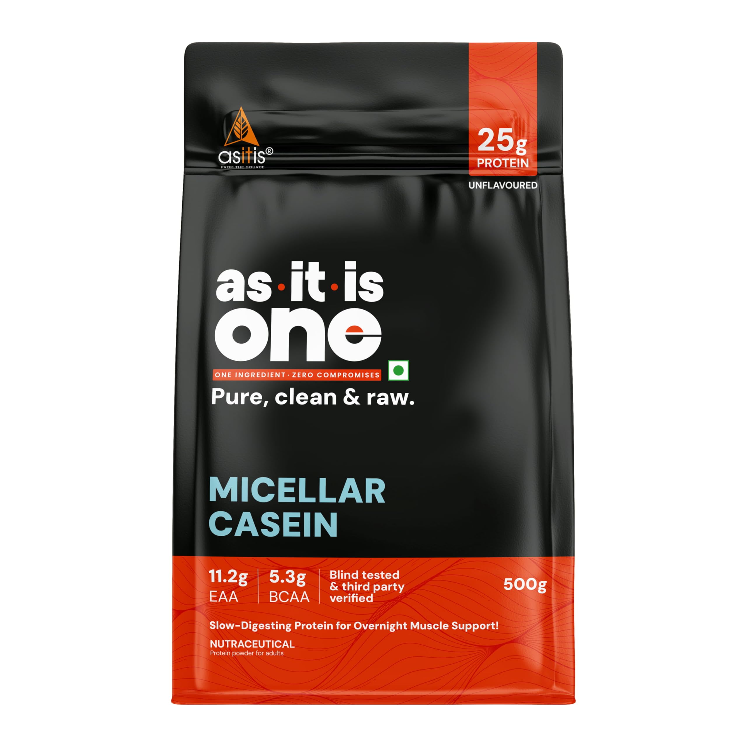 AS-IT-IS One Micellar Casein - Slow Releasing Protein, Unflavoured & Unsweetened 500gms, Supports Muscle Repair & Growth, Ideal for Nighttime Recovery