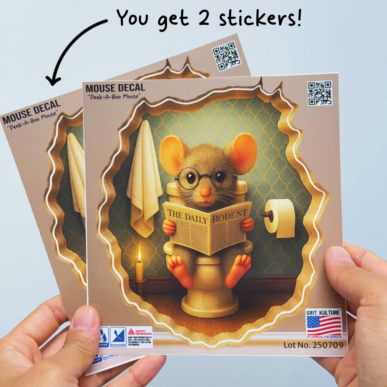 GRITKULTURE Removable Mouse Sitting on Toilet in Mouse Hole Decal Sticker 5.1inch 2 Pack. Mouse Hole in The Wall Sticker with 3D Effect. Wall Decoration, Funny Gift, Potty Training, Prank (#1)