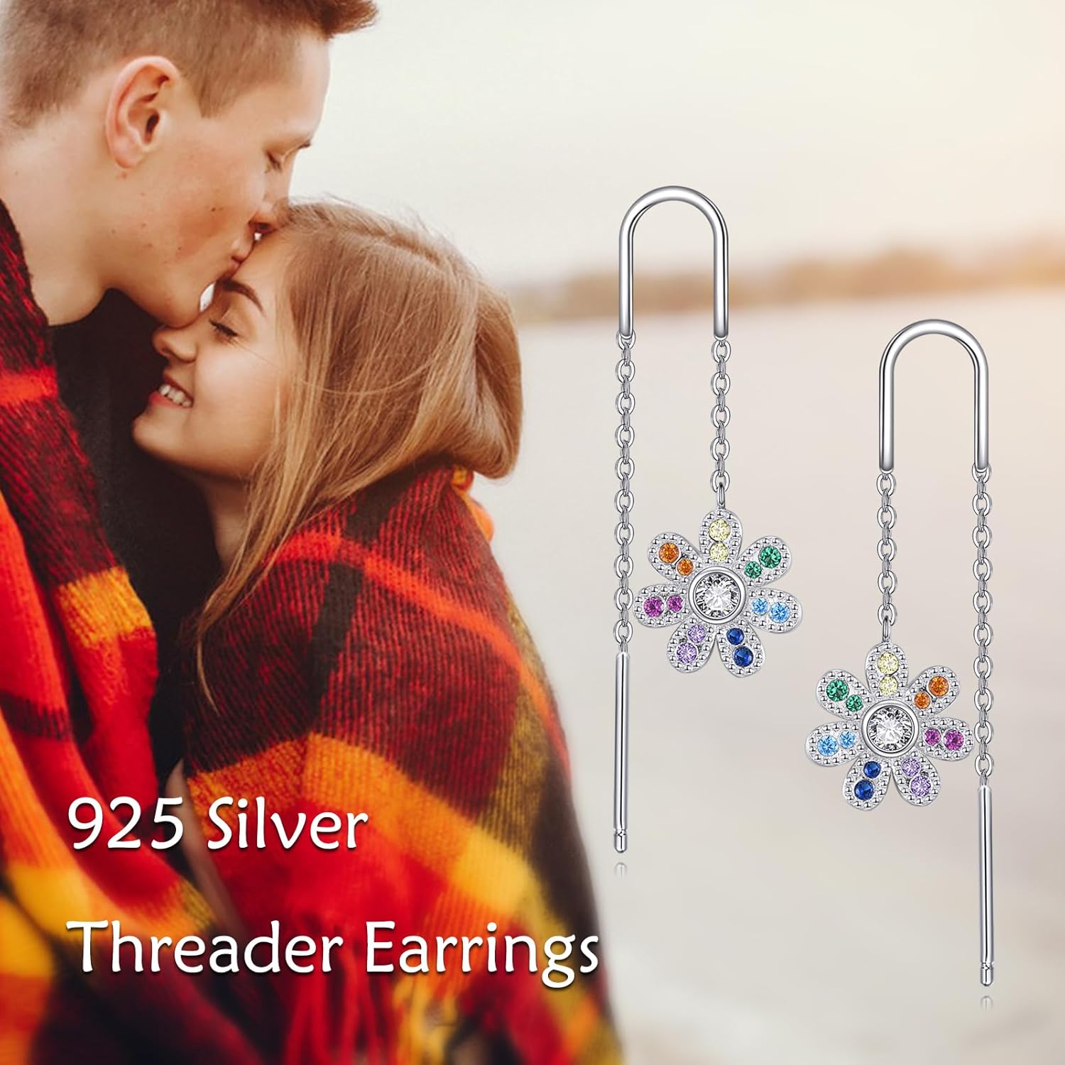 POPLYKE 7 Chakras Flower Earrings Sterling Silver Threader Long Chain Earrings Jewelry Gifts for Women - Image 6