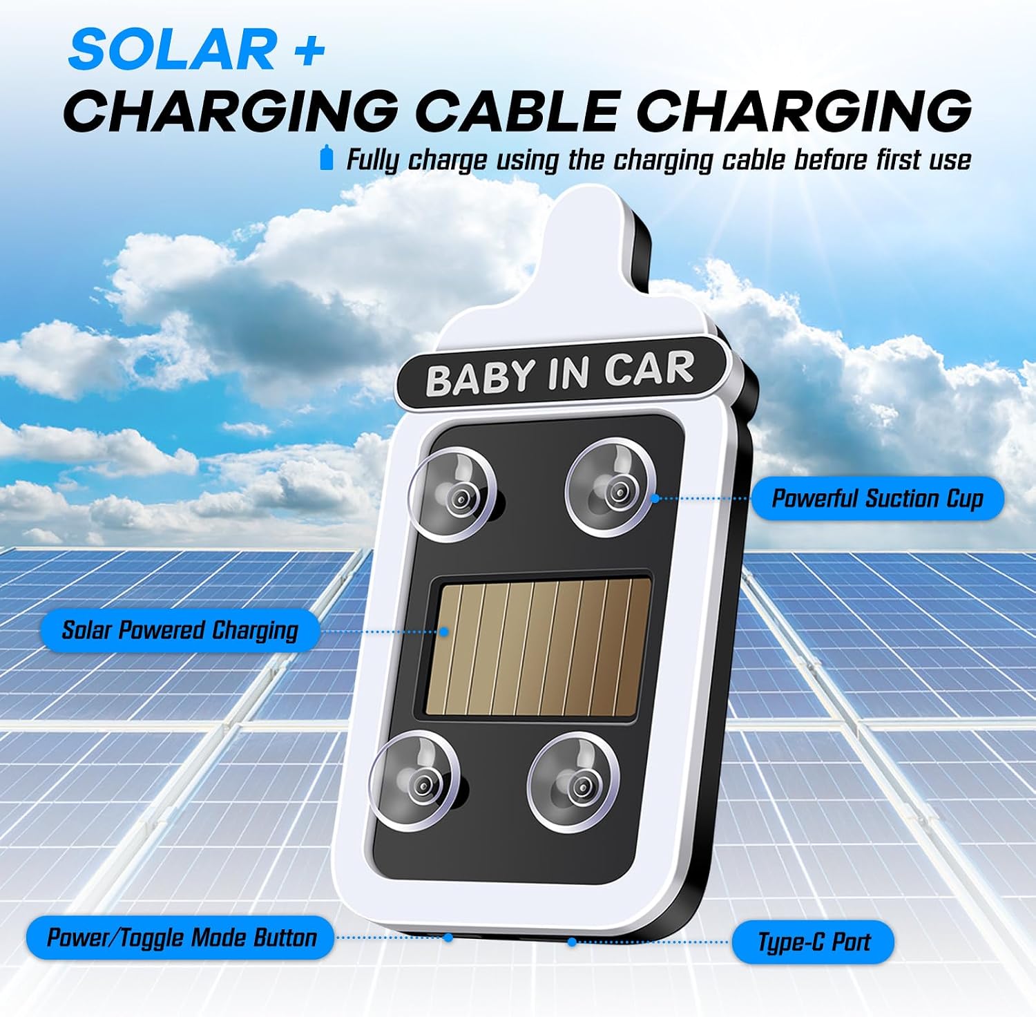 Solar Powered Window Baby in Car Sign Warning Light Wireless LED Ambient Lighting Baby Bottle Shape Neon Lamp Funny Decor Accessories to Alert Following Vehicles-Blue