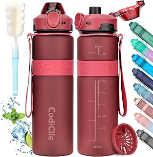 CodiCile Botella Agua, Botella de Agua Deportiva sin BPA, Botella Gimnasio a prueba de fugas, Botella agua 1 litro ideal para gym, escuela, oficina y viajes (Rojo)