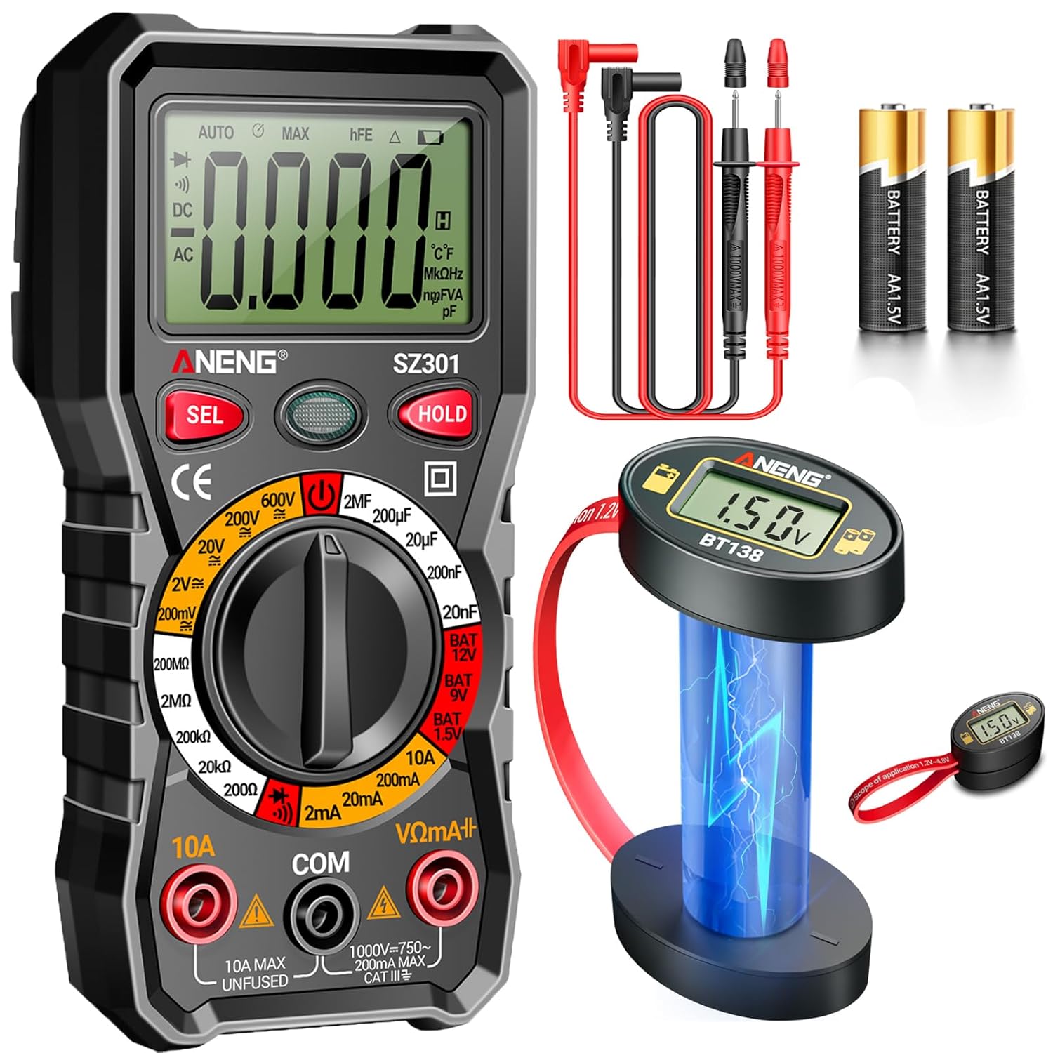ANENG Multimeter Measures Voltage, Current, Resistance, Continuity, Diode with Battery Tester for AAA, AA, C, D, 9V, 6F22, 1.5V/3V Button Batteries for LCD Electric Tool for Household Tester