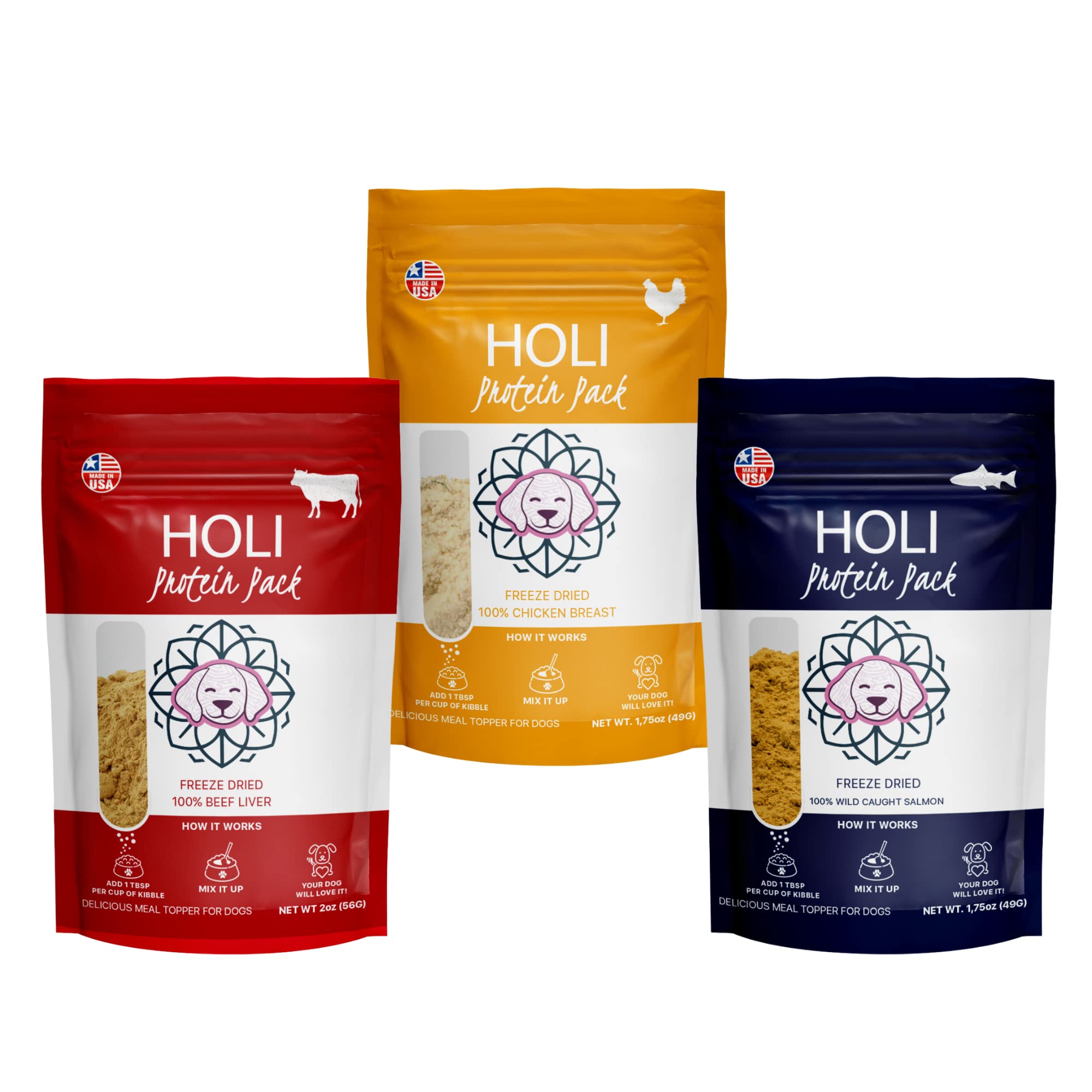 HOLI Freeze Dried Dog Food Topper - 3 Pack 2oz/Bag (Beef Liver, Chicken Breast, Salmon) Mix in Flavor Enhancer, 100% All Natural
