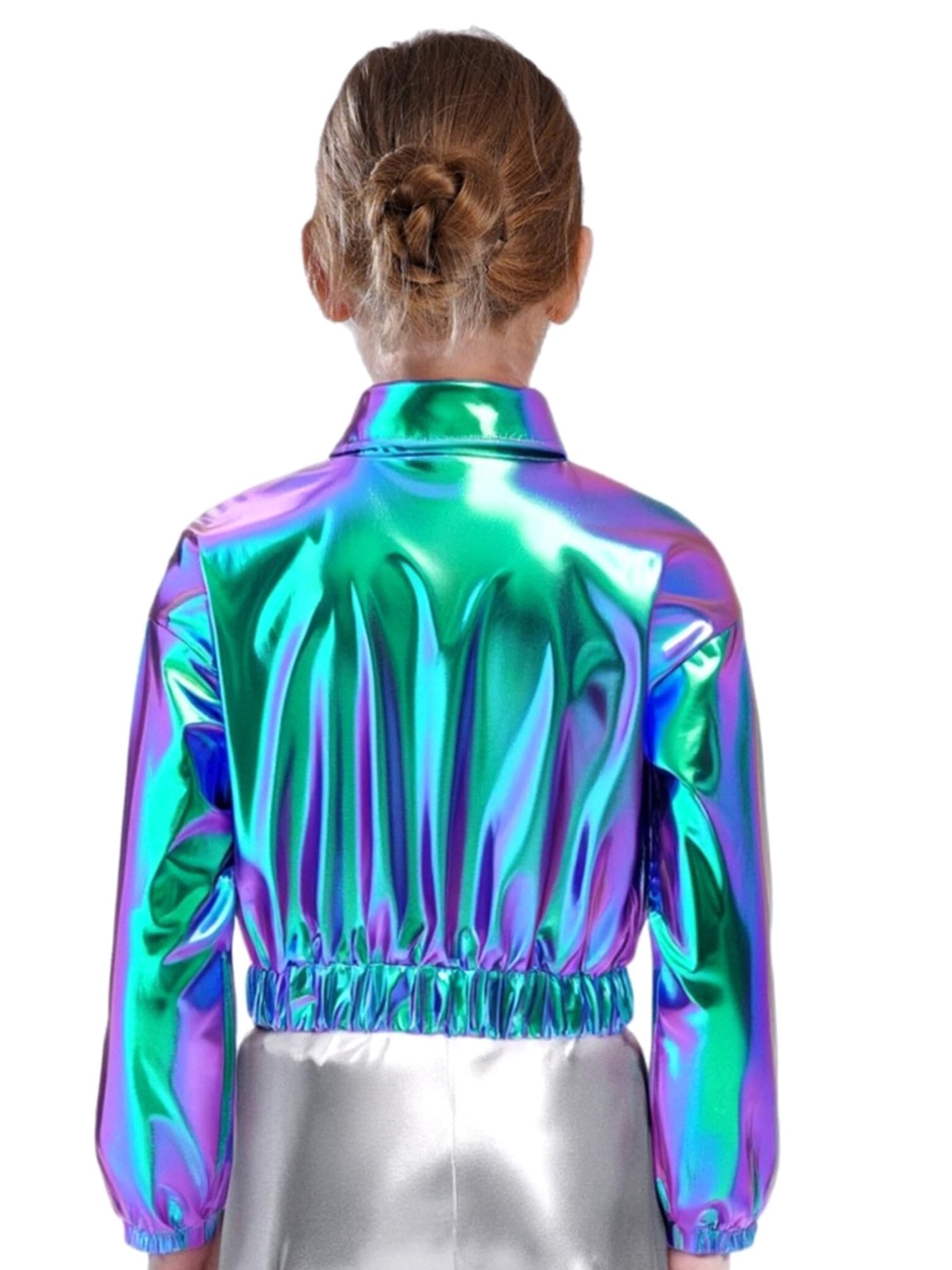 TiaoBug Mädchen Metallic Jacke Langarm Hemd Bluse Kurze Übergangsjacke mit Reisverschluss Modern Jazz Hip Hop Tanz 70er 80er Jahre Outfit