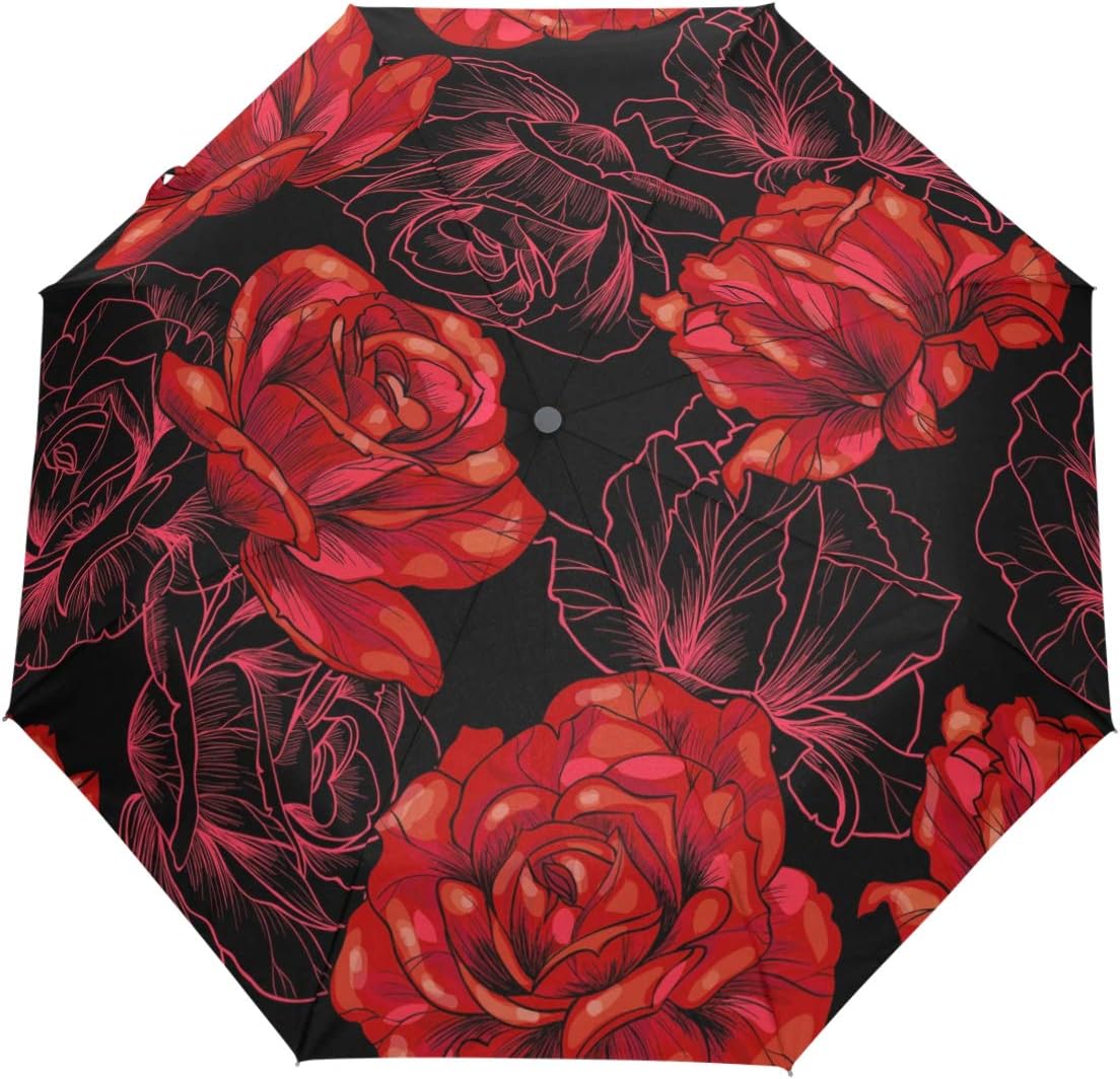 Wamika Red Roses Flower Auto Umbrella Open Close Windproof Travel Vintage Umbrella Lightweight Compact Parasol Umbrellas Sun & Rain