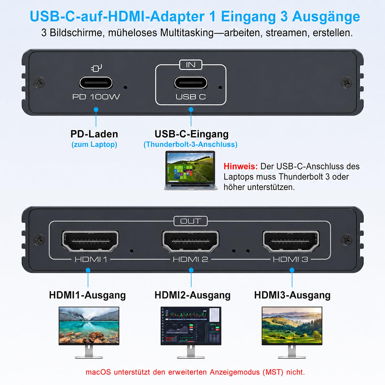 Adattatore da USB C a 3 HDMI, 4K a 60 Hz, splitter HDMI, 3 monitor contemporaneamente, espansione MST HUB USBC, splitter 1 in 3 out con funzione di ricarica PD da 100 W, compatibile con laptop