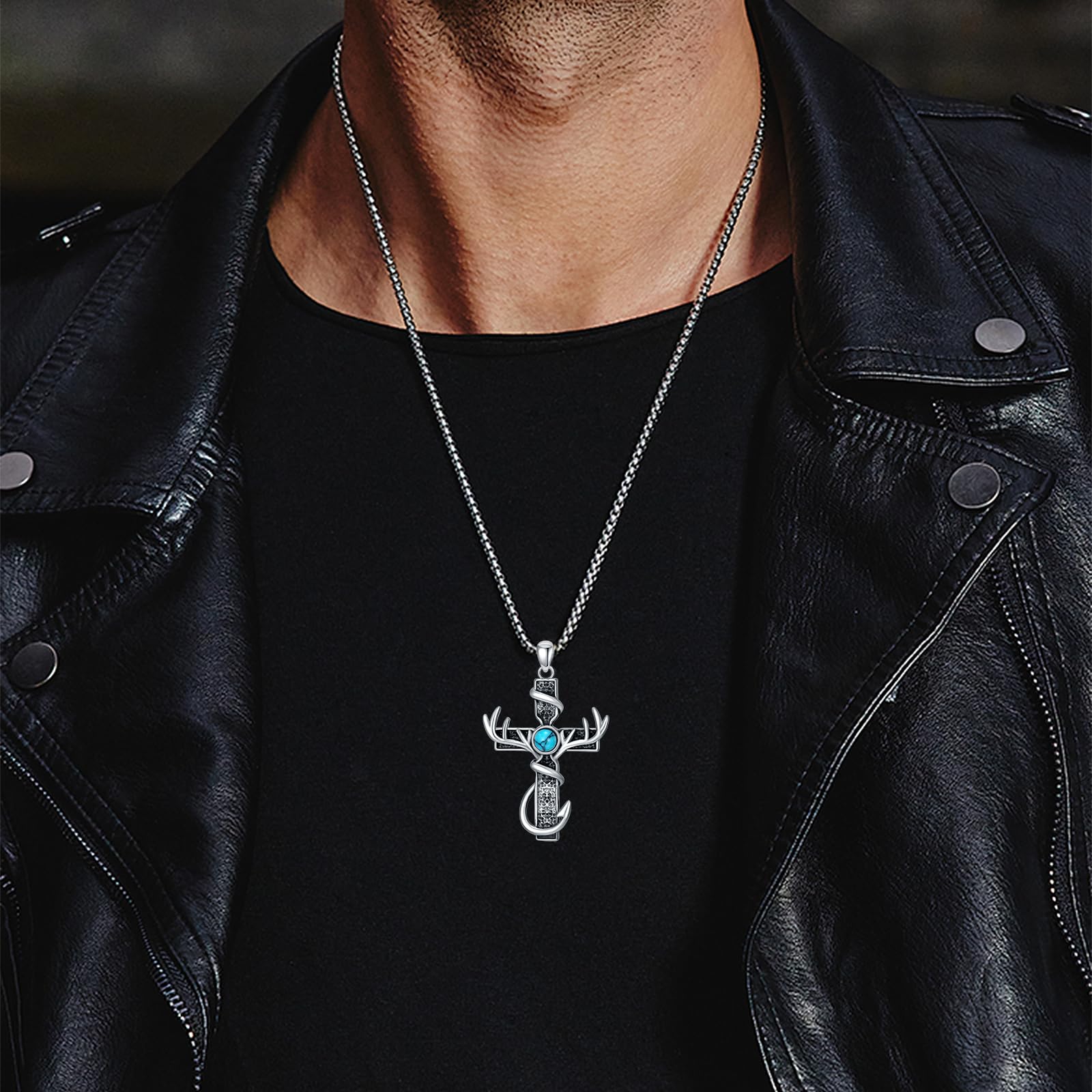 Collana con croce da caccia in argento Sterling 925 con ciondolo a forma di corna di corna da pesce, collana con gancio da pesca, gioielli da caccia, regali per uomini, cacciatori e papà