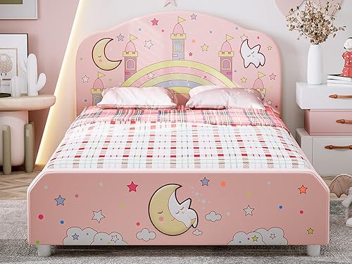 IKIFLY Cama infantil de tamaño individual, base de cama tapizada con cabecera curvada, cama de princesa rosa para niñas y adolescentes, no necesita