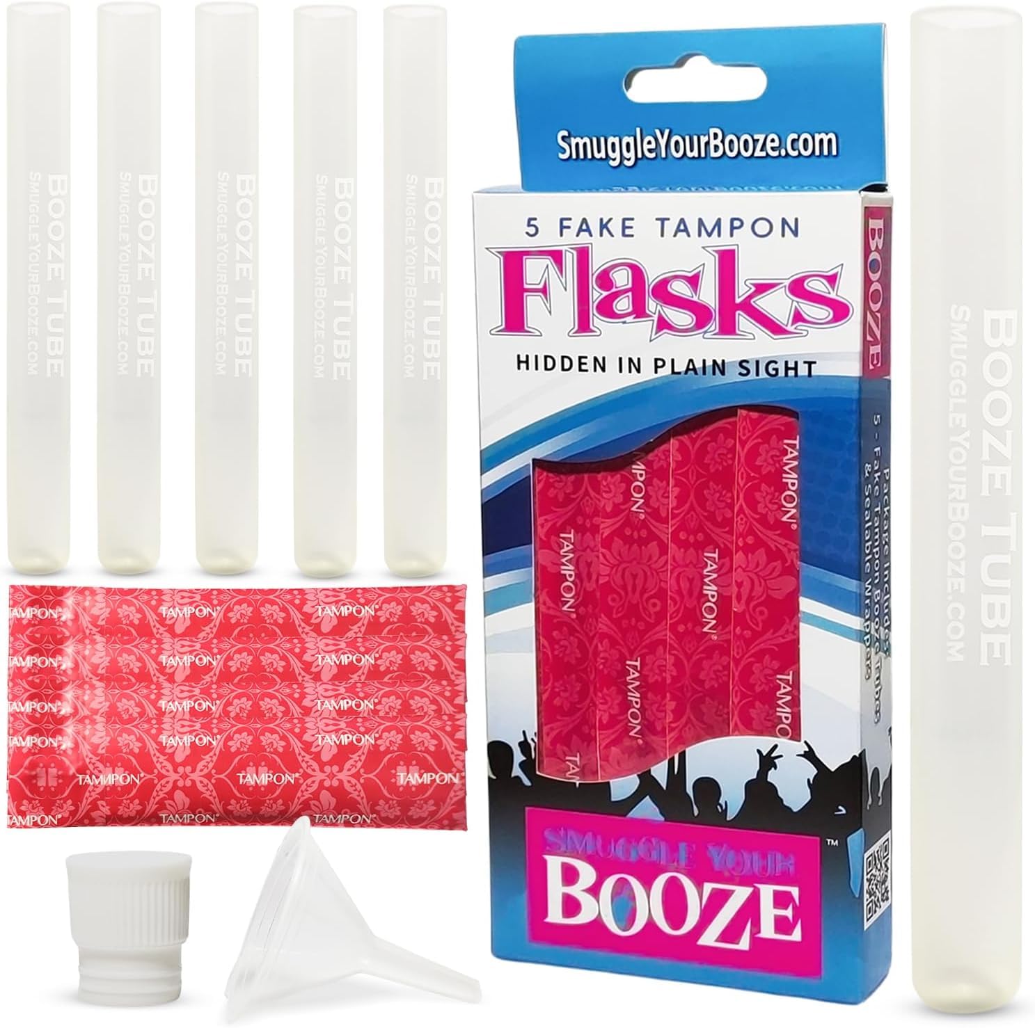 Smuggle Your Booze – Hidden Tampon Tube Flask Set – 5 Leak-Proof Liquid Holders with Funnel – Travel-Size, Reusable, Compact, and Great for Discreet Use