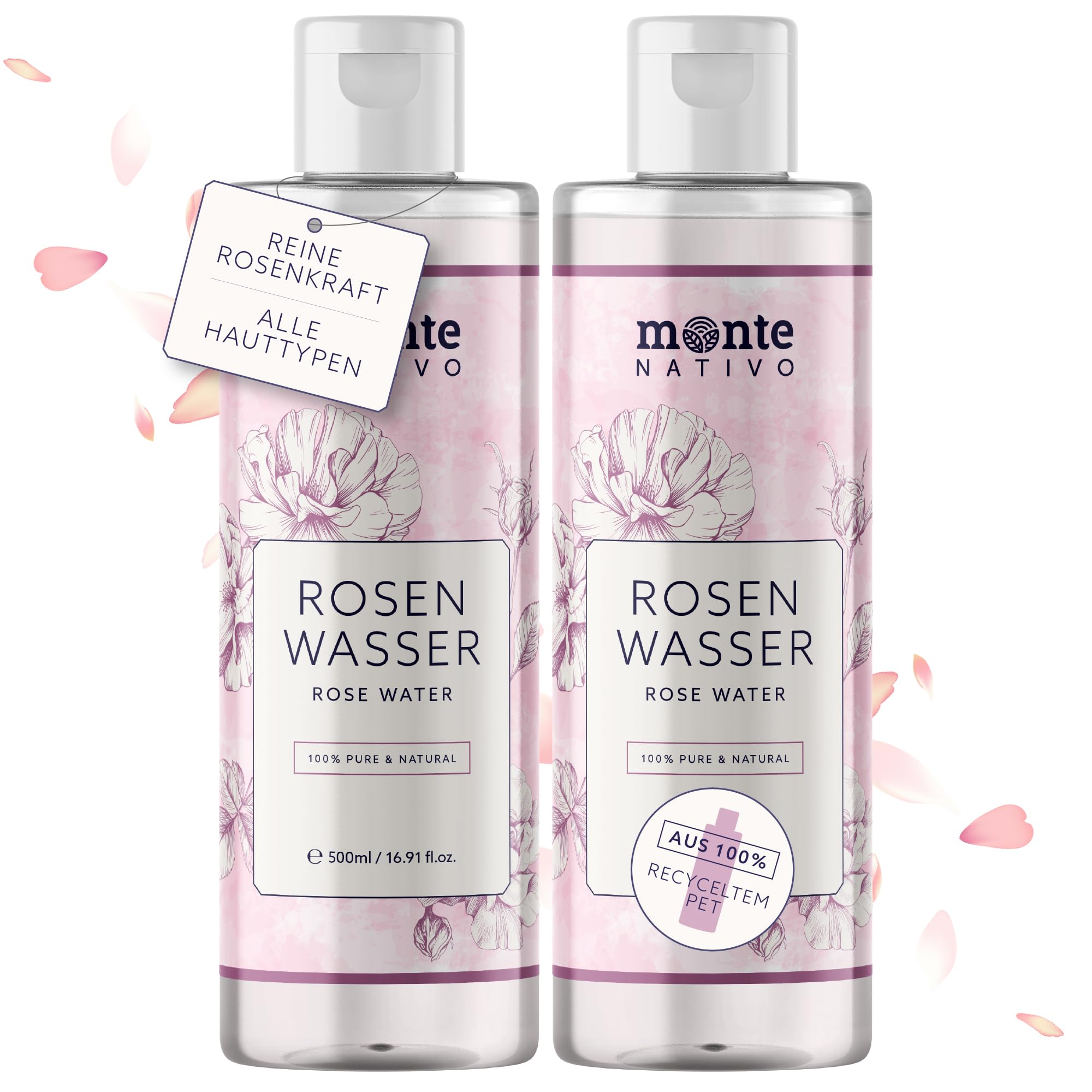 Rosenwasser Gesichtswasser 2x500ml Monte Nativo (1L) - Rose water for face 100% Natürliche Gesichtspflege - Gesichtstoner - Gesichtsreinigung - Porenreiniger Gesicht - Anti Pickel Naturkosmetik