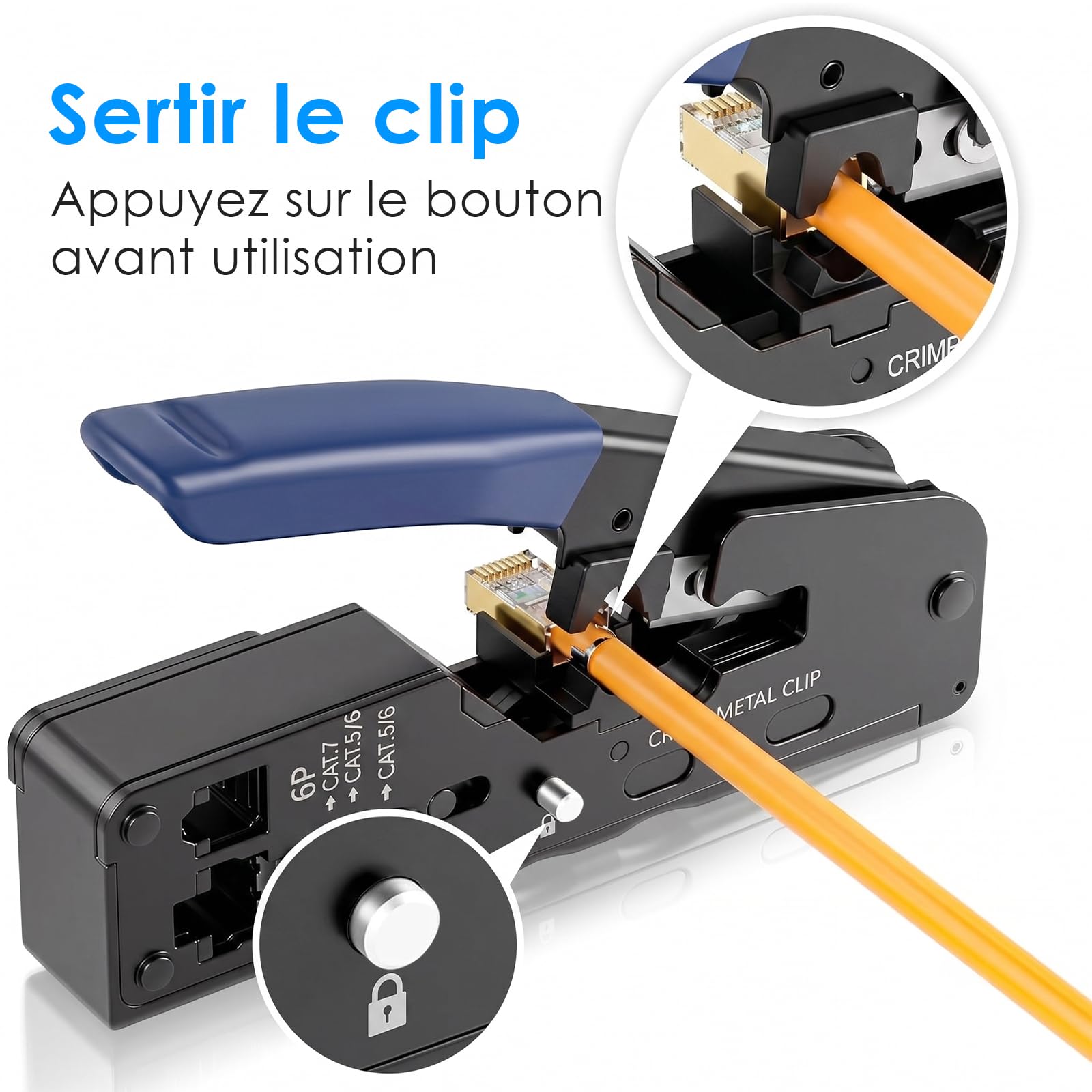 RJ45 Network Tool Kit, Sertisseuse Pass Through pour Cat7 Cat6 Cat5, Testeur de Câbles LAN, Outil LSA, 10 x RJ45 Plug, 4 x Sans Outil Prise Cat7, Pour RJ11 RJ12