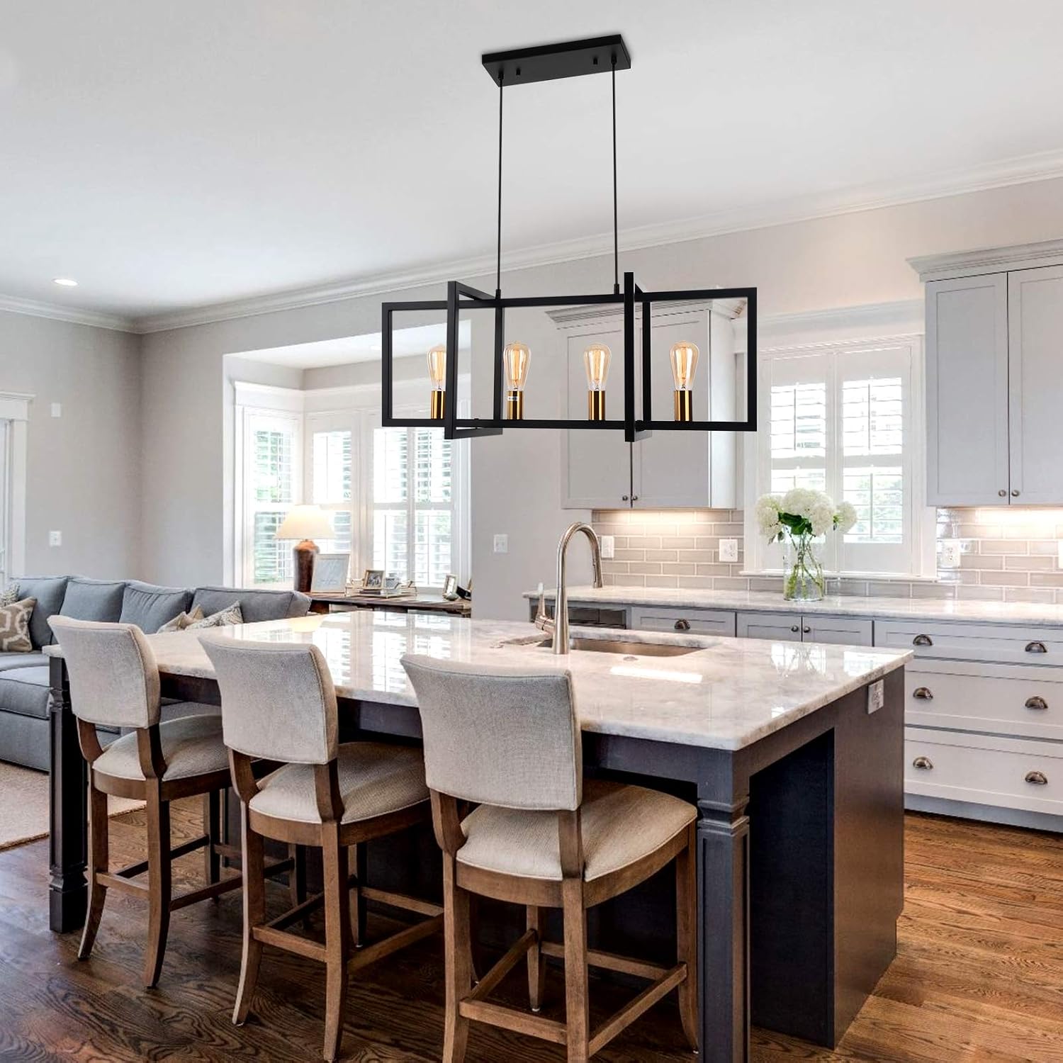 Tech Deals 🔥 Modern Kitchen Island Light Fixture, Industrial Chandelier 4-Lights Dining Room Pendant Light Matte Black with Antique Brass Finish, Adjustable Height