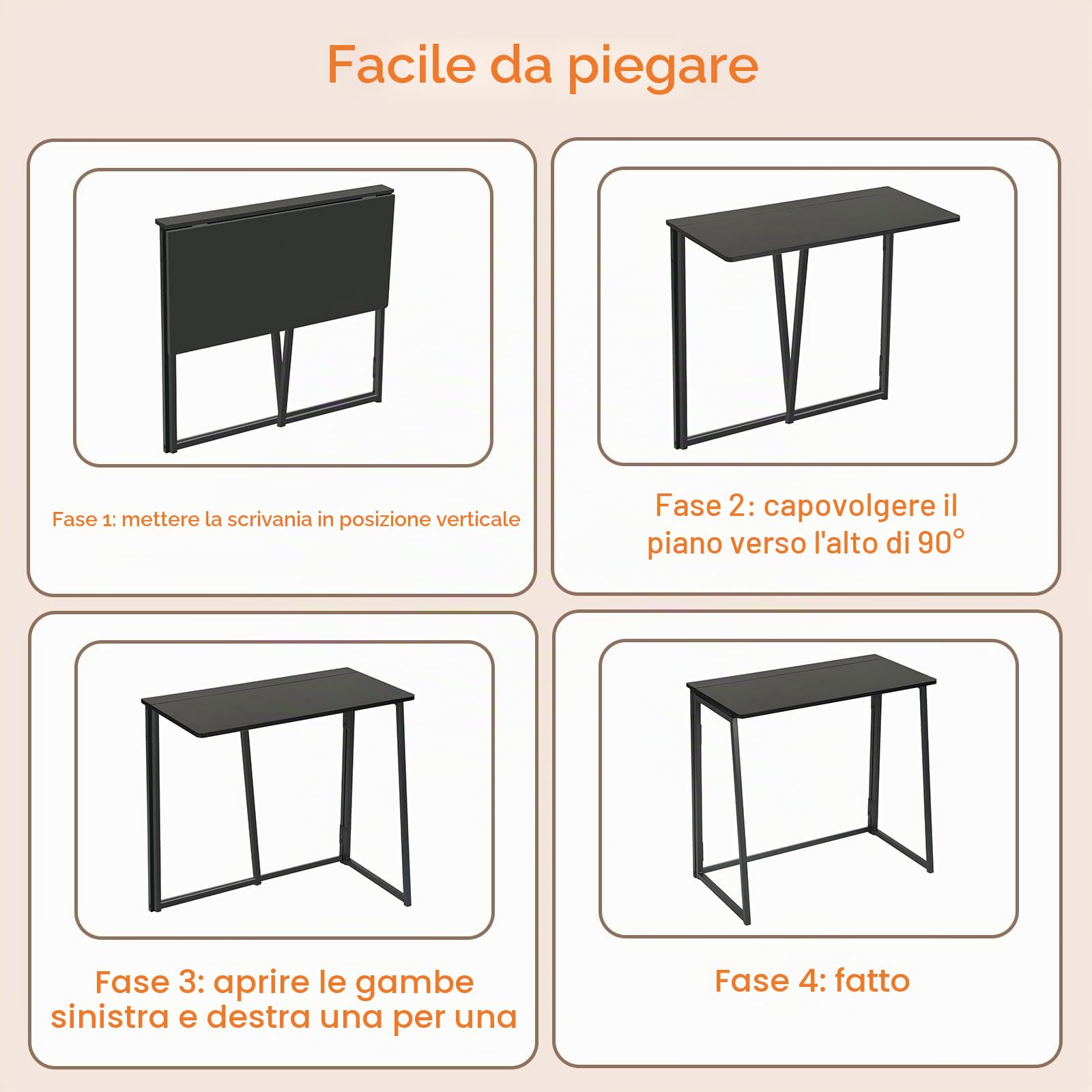 Scrivania pieghevole 80 x 40 cm, tavolo per computer salvaspazio, truciolato da 15 mm e struttura tubolare in acciaio nero, tavolo pieghevole per ufficio, cucina e studenti (Ebano Nero)