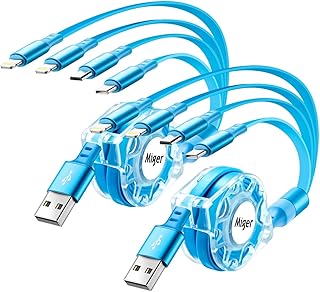 Multi Charging Cable 4A 2Pack 4Ft Retractable Charger Cable 4 in 1 Multi Charging Cord Multi USB Cable with Lightning/Type C/Micro USB Port for Cell Phones,iPhone,iPads,Samsung Galaxy,PS,Tablets,More