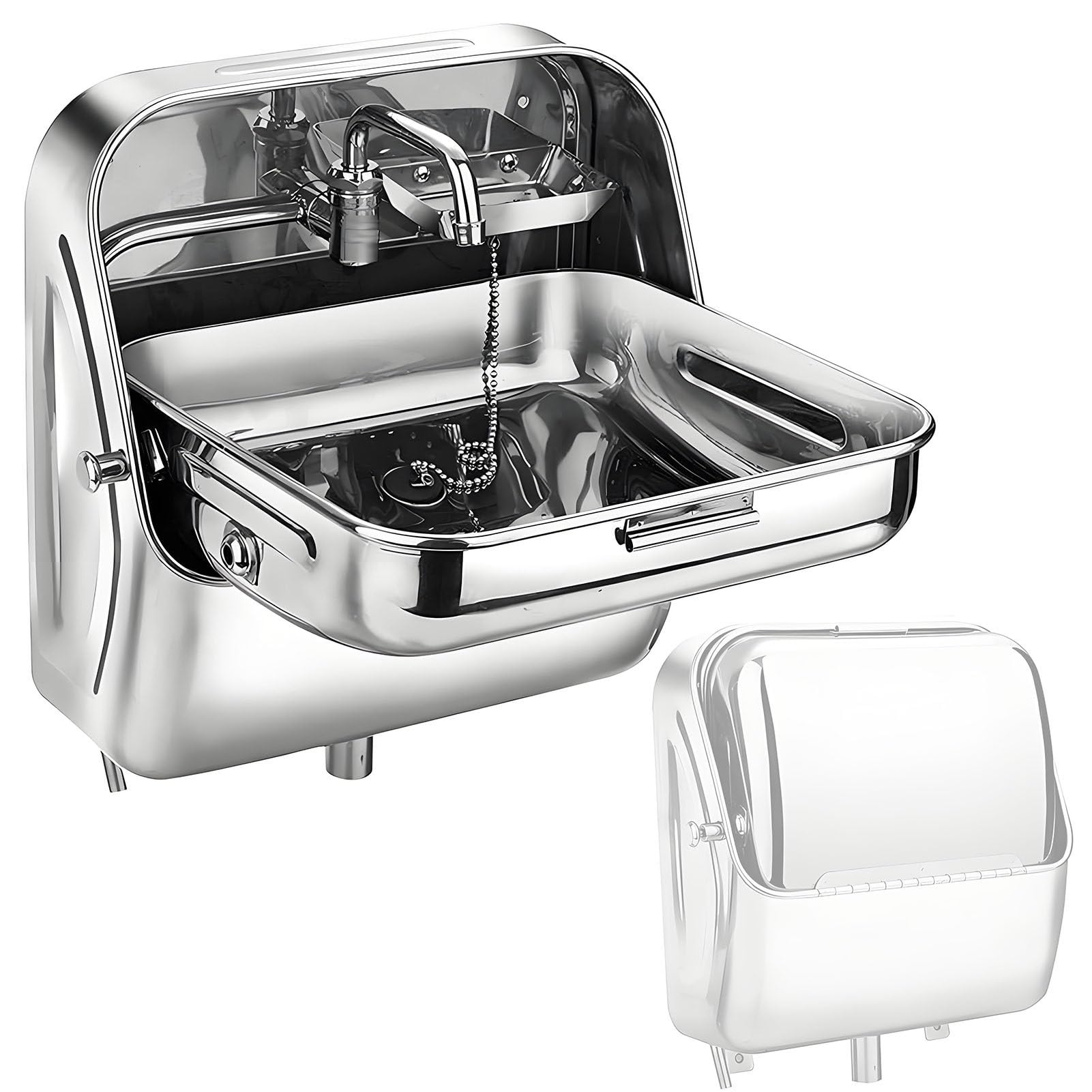 SHENGSHIYU Rv Sink, Stainless Steel Single Bowl Hand Wash,Wall Mounted Stainless Steel Single Bowl Sink,Folding Faucet with Filter Drain & Shelf,for Campers & Yachts Silver
