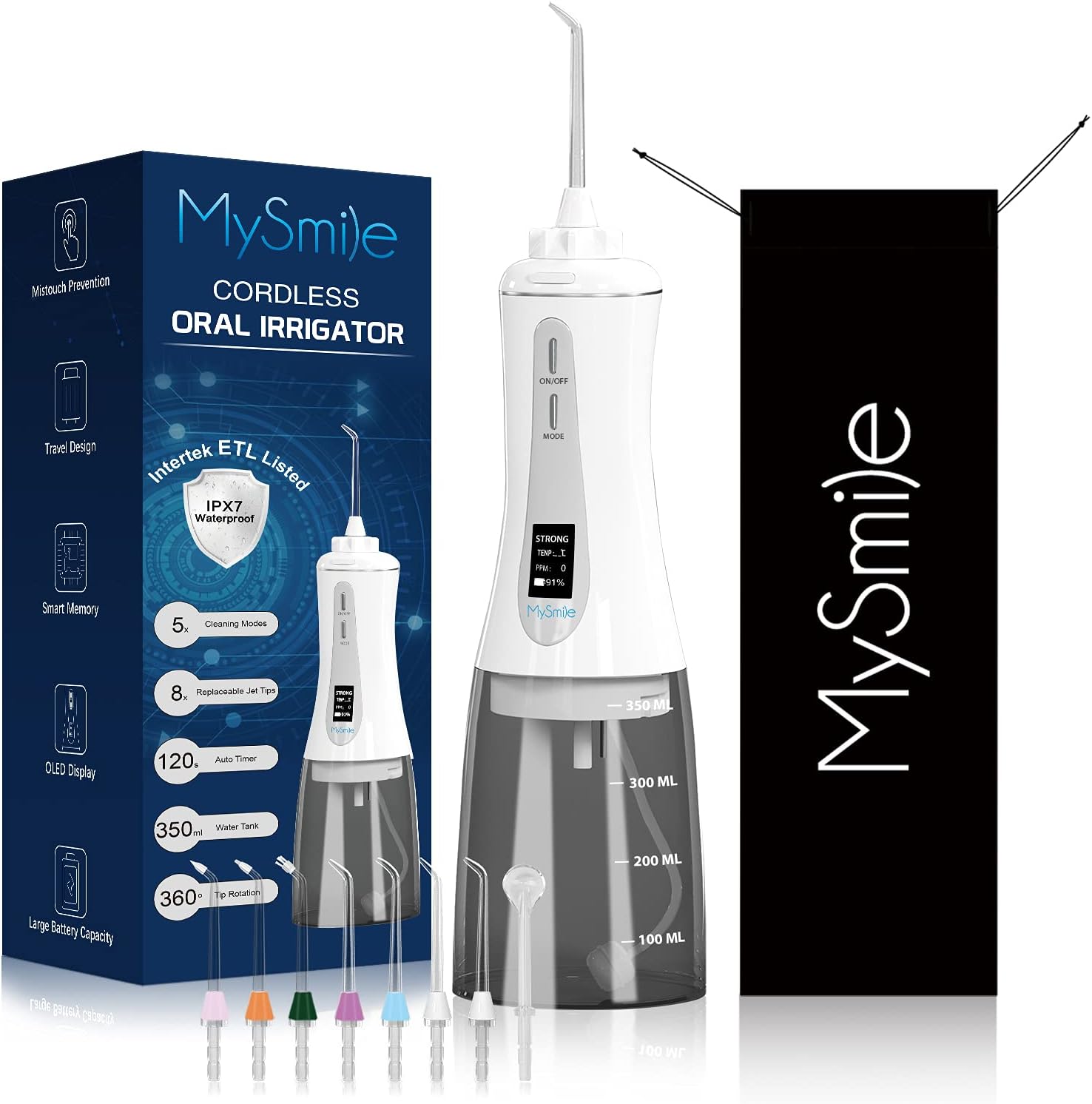 MySmile Powerful Cordless Water Dental Flosser Portable Oral Irrigator with OLED Display 5 Modes 8 Replaceable Jet Tips and 350 ML Detachable Water Tank for Home Travel Use (White) : Beauty & Personal Care