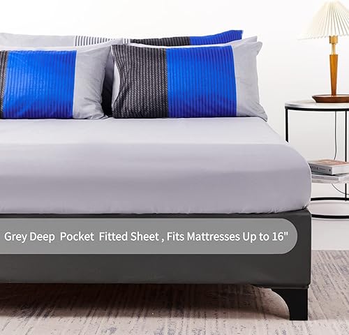 Miniatura 8 de RYNGHIPY Juego de edredón de 8 piezas a rayas azules y grises tamaño King, edredón de microfibra ultra suave con relleno de retazos, sábanas y