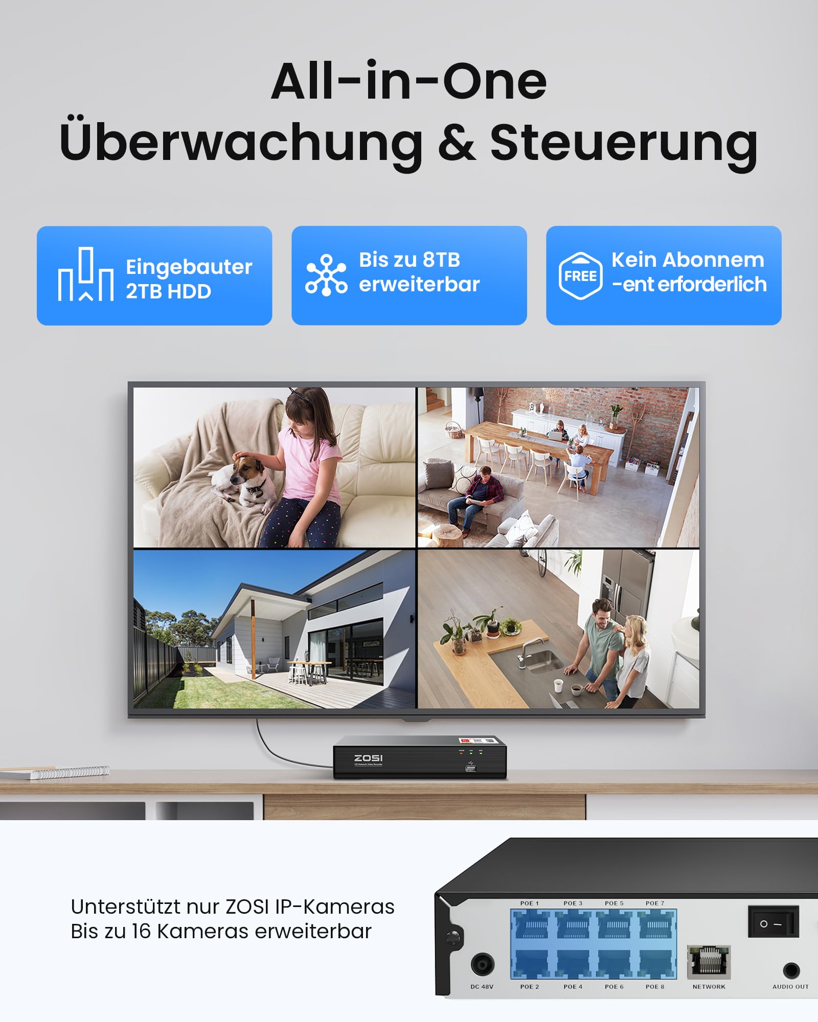 ZOSI 4K PoE Überwachungskamera Set Aussen, 4X 8MP IP Kameras mit 2-Wege-Audio, 8CH NVR 2TB HDD, Personen- und Fahrzeugerkennung, IR Nachtsicht, C220