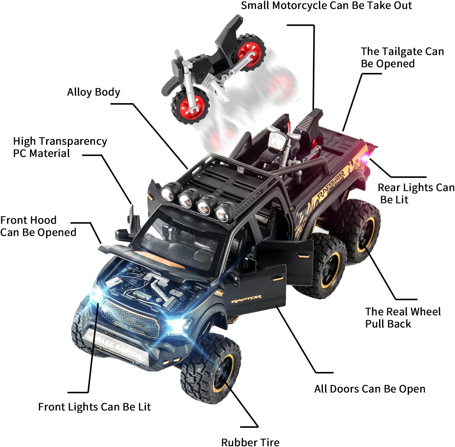 Toy Trucks for Boys Age 4-7 F150 Raptor Toy Truck for 3-5 Year Old Boys 1/24 Diecast Metal Model Pull Back Toy Car with Mini Motorcycle Pickup Truck and with Light and Sound