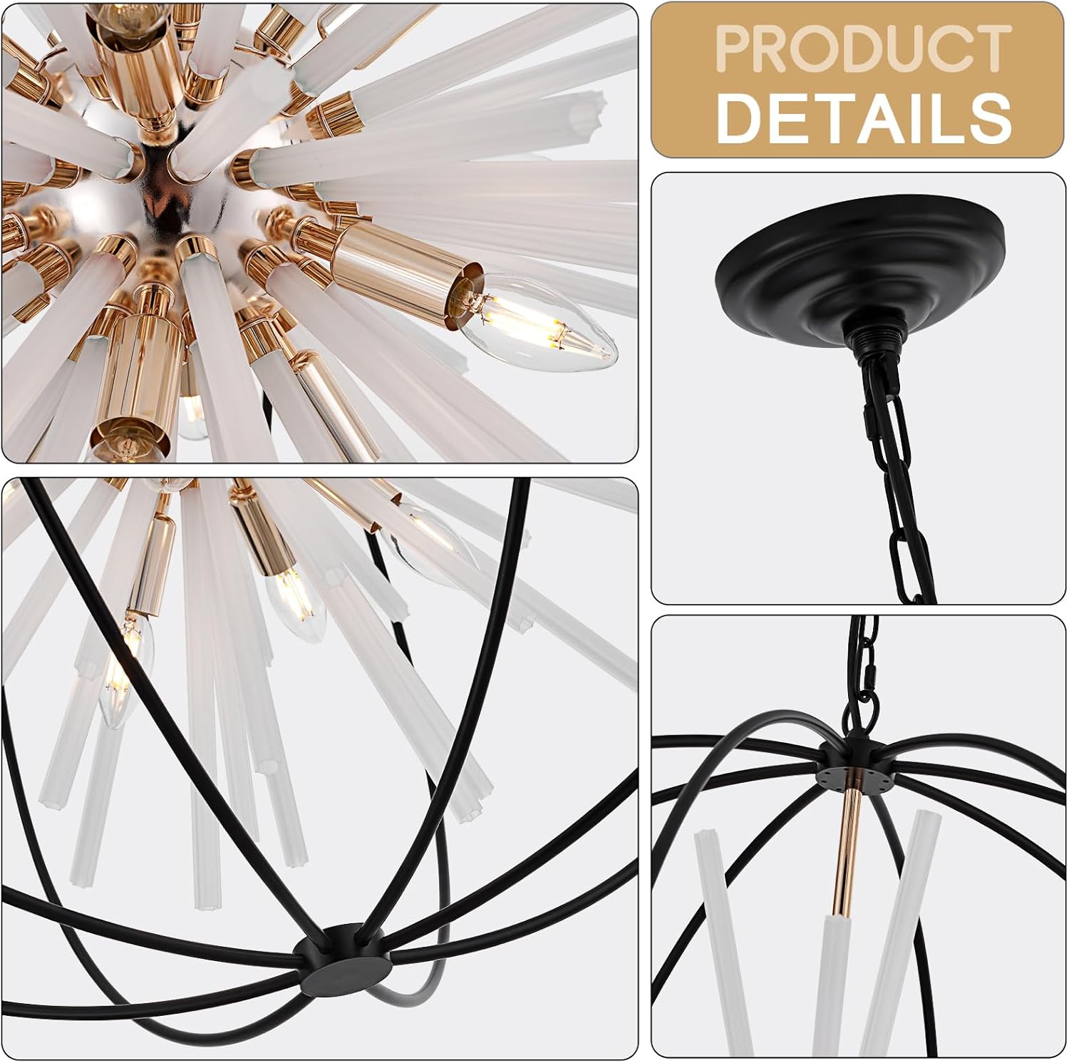 31.5" Black Gold Large Globe Sputnik Chandelier, 12-Light Mid Century Modern Industrial Starburst Golden Satellite Light Fixture for High Ceiling Living Room Dining Room Foyer Stairway,E12
