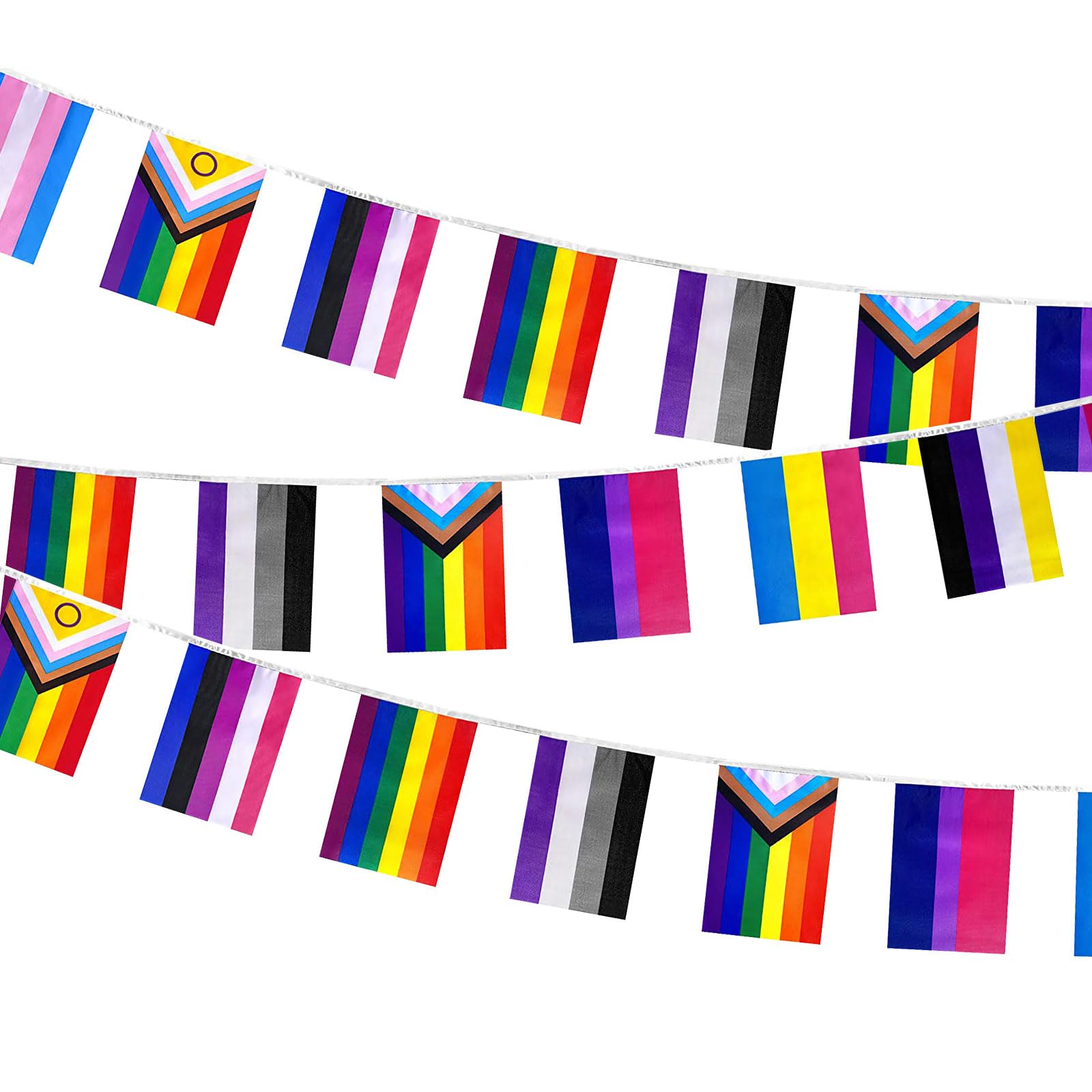 iwiio 33ft Pride Bunting Flags, Progress Gay Pride Flag Banner, Rectangle Colorful String Banner for Pride Accessories, Gay LGBT Party, Celebration, Home, School, Bars, Restaurants, Garden Decoration