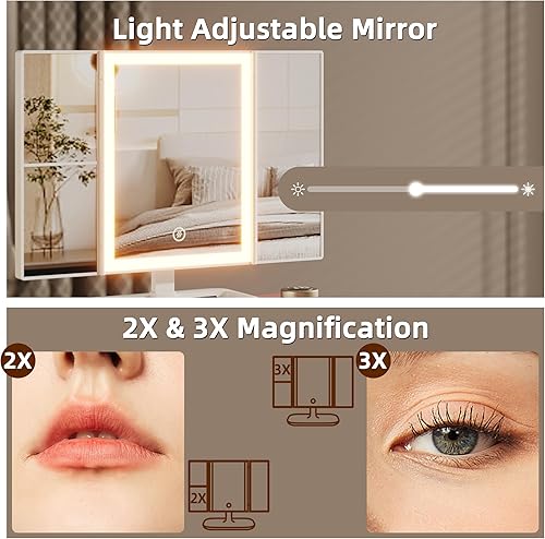 Miniatura 3 de Small Makeup Vanity Desk 27.5''W with Mirror and Lights, Vanity Desk with 3 Fabric Drawers and Height-Adjustable Stand, Vanity Table for Girls