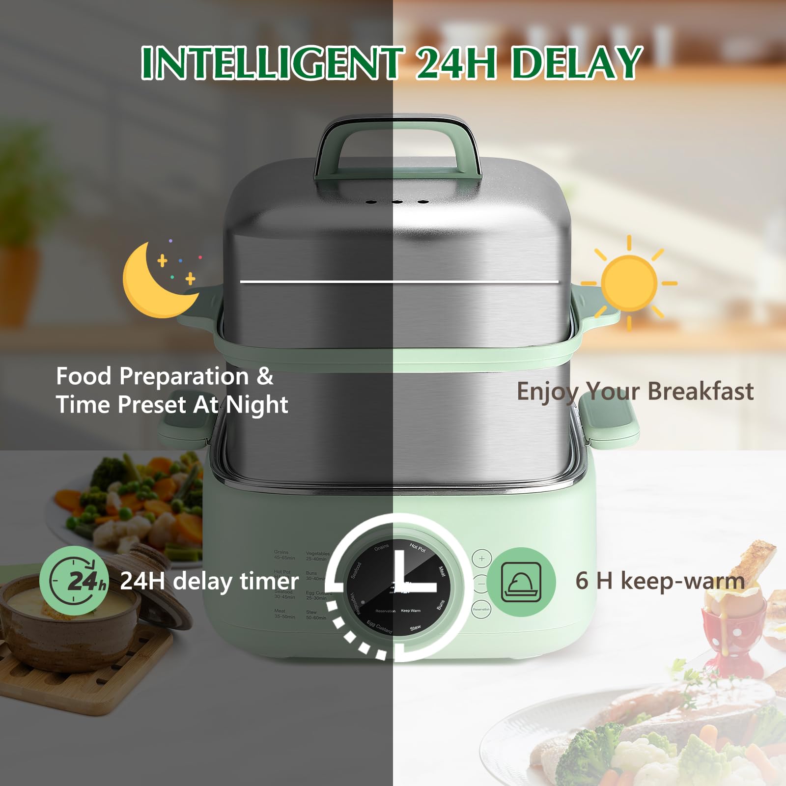 Vaporera Eléctrica con 2 Inox cestas apilables, 1000W vaporización rápida Capacidad 9.3 L 24H Timer, Olla Vaporera mantenimiento del calor 6H, Vaporera eléctrica de cocina 8 modo, Tapa Inox