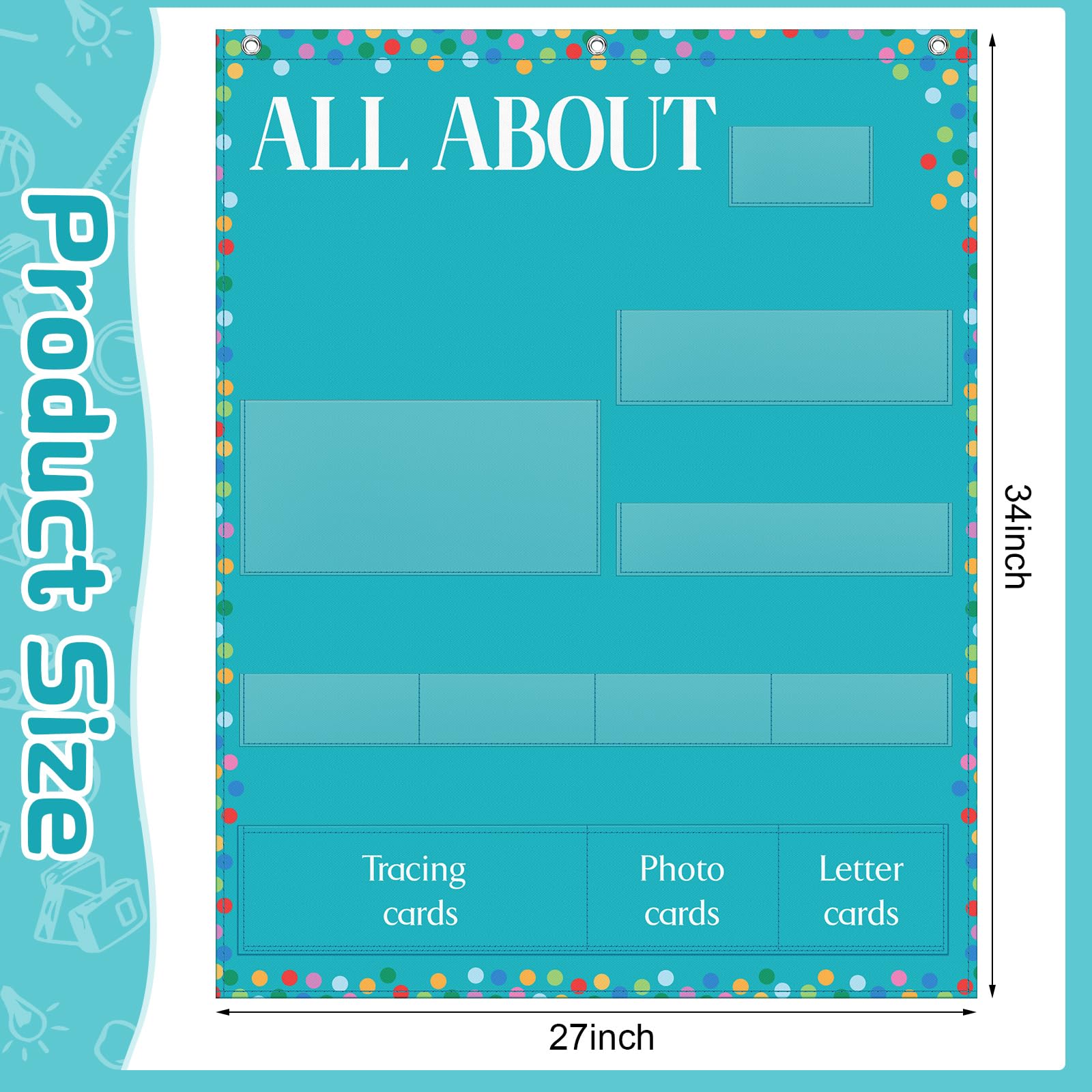 Motiskyy 34" x 27" All About Letters Pocket Chart Alphabet Learning Pocket Chart Letter of The Day/Week Activity Wall Alphabet Card for Homeschool Preschool Kindergarten Kid Learning(Blue, Delicate) - Image 4