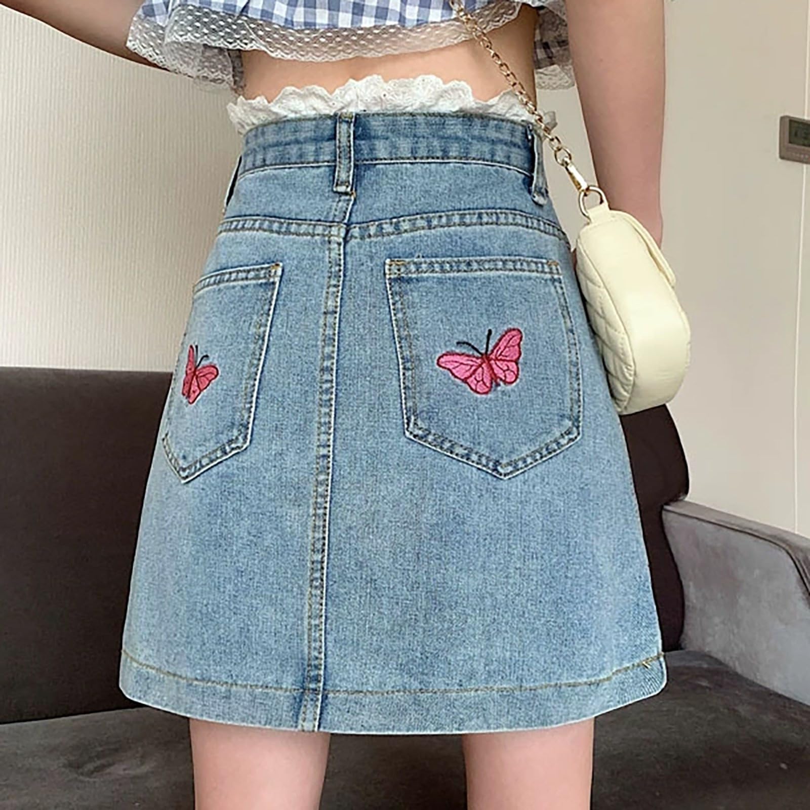 Jupe en jean pour femme - Taille haute - Culotte asymétrique - Mode décontractée - Avec pantalon court - Ligne A - Bouton - Pantalon élégant