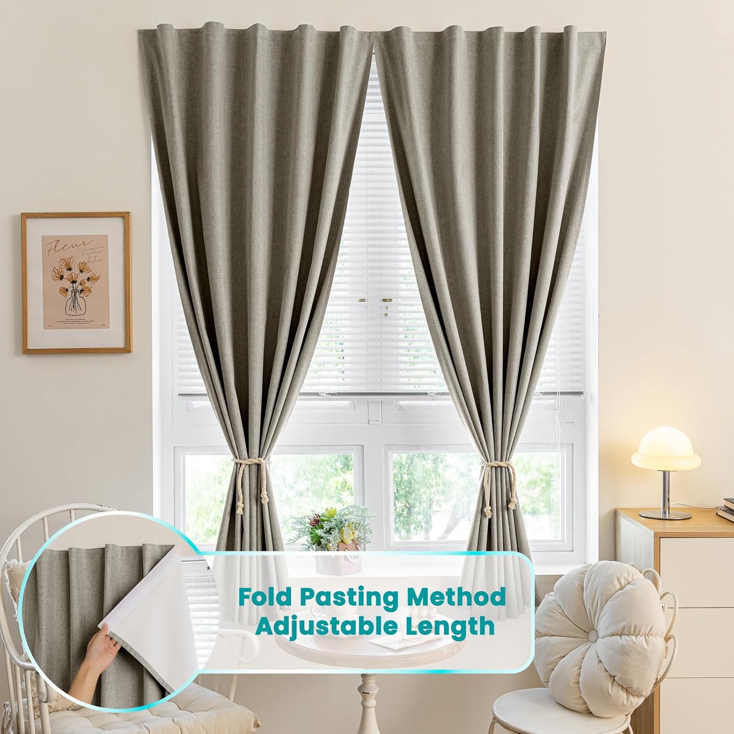 100% Blackout Self Adhesive Curtains- Stick on Curtains Shades Window Blinds Curtain No Rod Needed Easy to Hang Curtain, Use for Bedroom, Living Room, W46 x L60 inch, 1 Panel, Light Brown